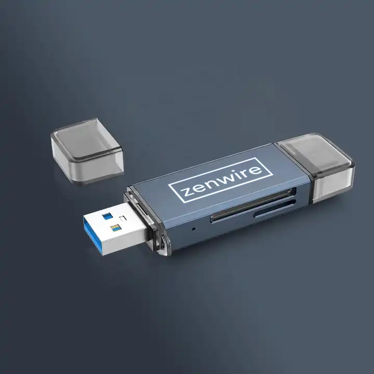 Niebiesko-szary czytnik kart USB z nakładką na ciemnej powierzchni, z napisem 'zenwire'.