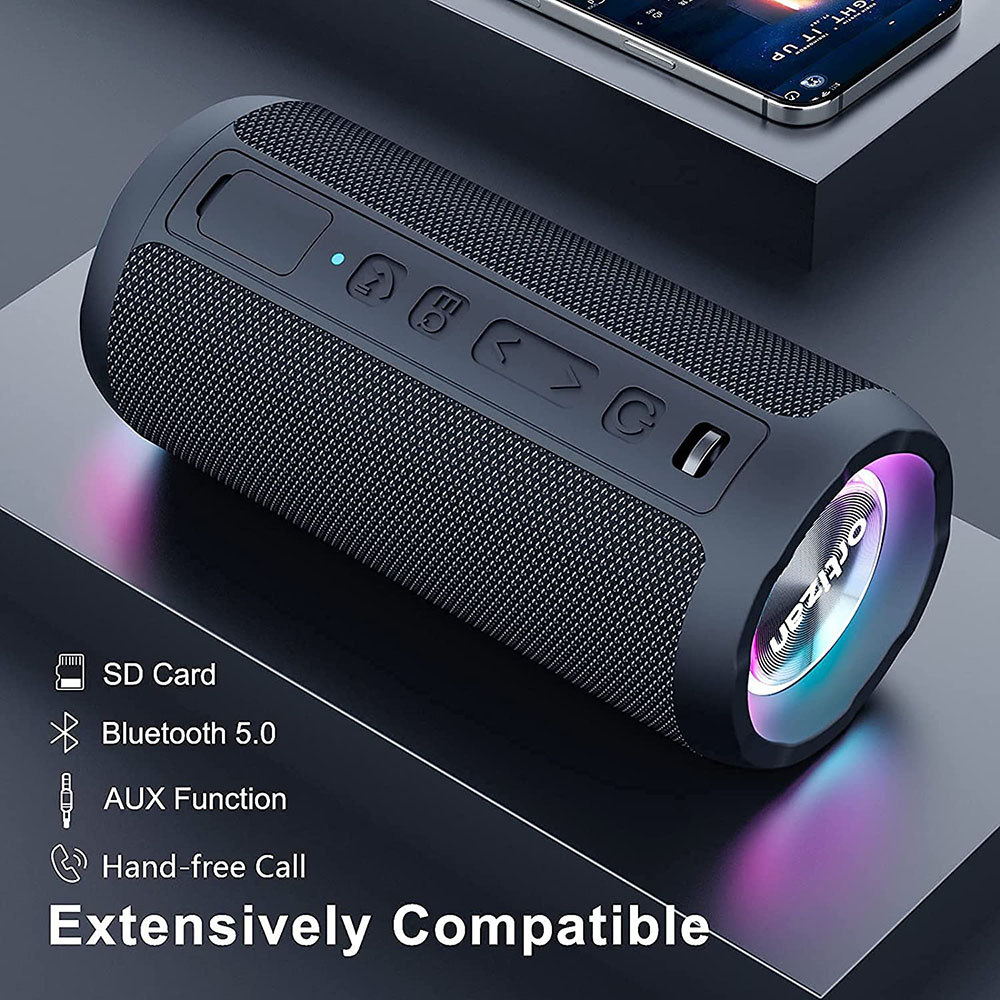 Schwarzer zylindrischer Bluetooth-Lautsprecher mit Tasten.