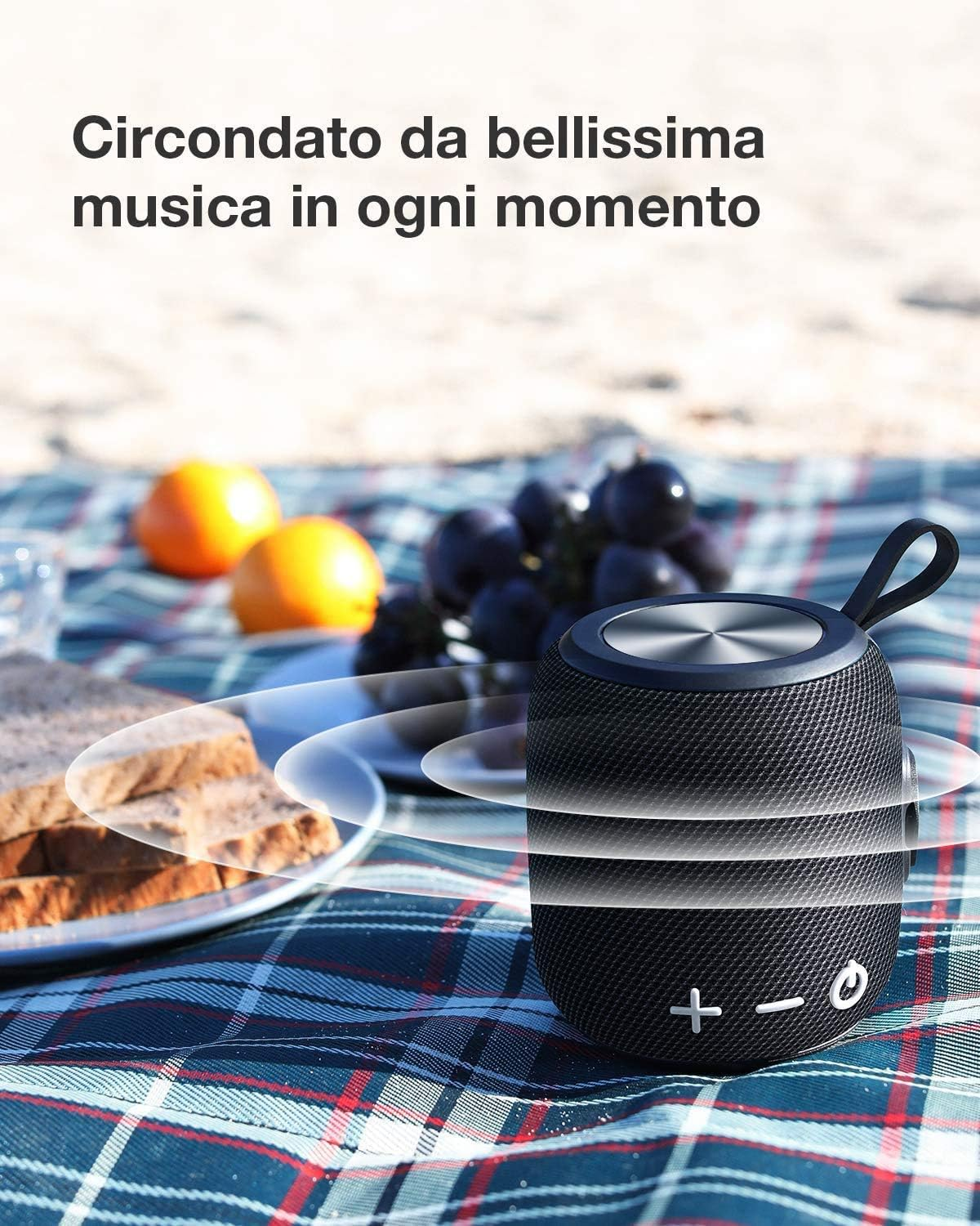 Schwarzer Bluetooth-Lautsprecher auf karierter Oberfläche. Orangen und Trauben sind links.