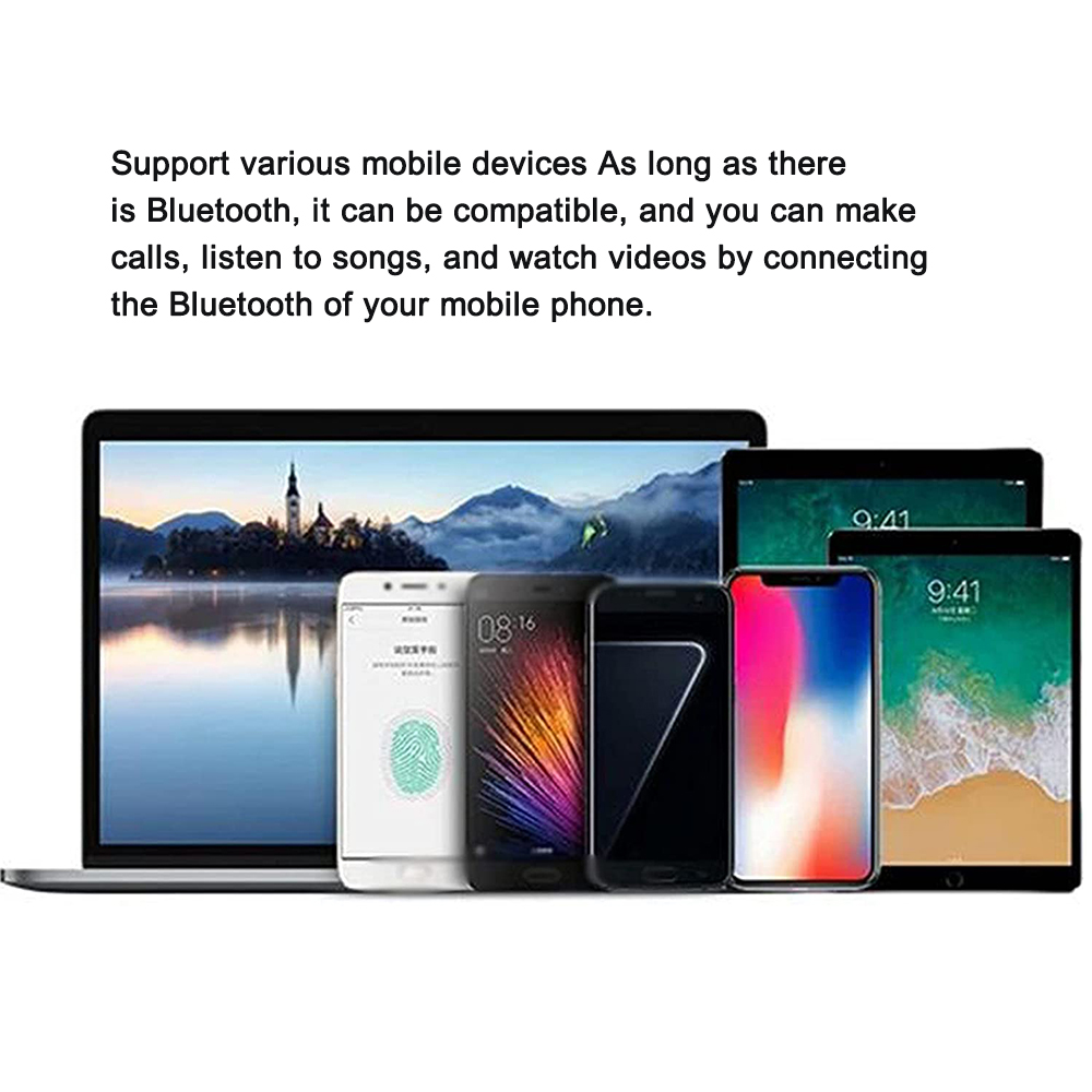 Mehrere Smartphones und Tablets stehen auf dem Tisch. Text weist auf Bluetooth-Unterstützung hin.