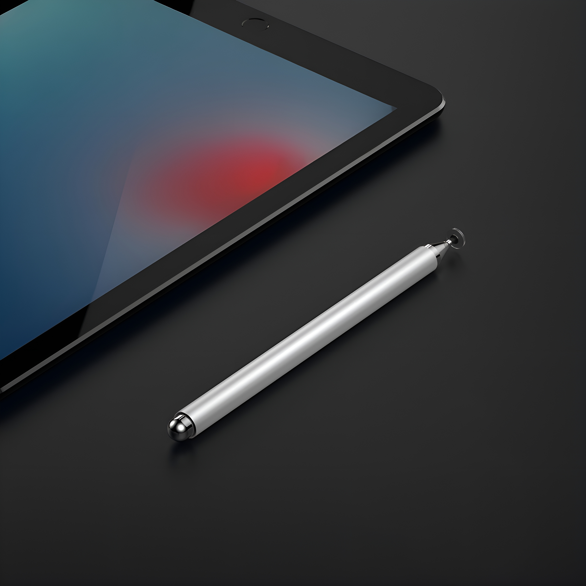 Ein silberner Stift liegt neben einem Tablet auf einer schwarzen Oberfläche. Das Tablet ist schwarz.