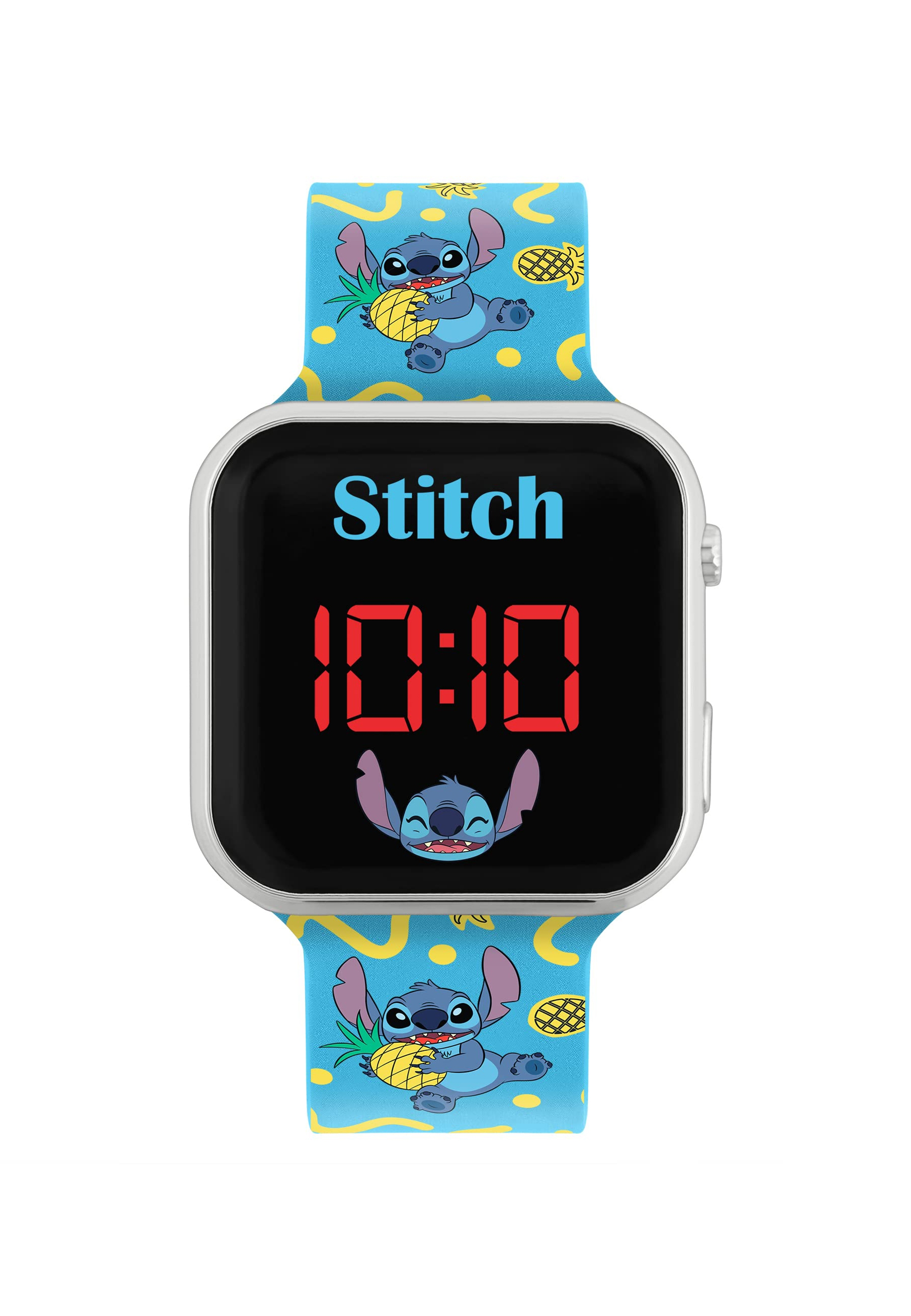 Smartwatch Stitch avec bracelet bleu, affichant l'heure, avec Stitch et des ananas.