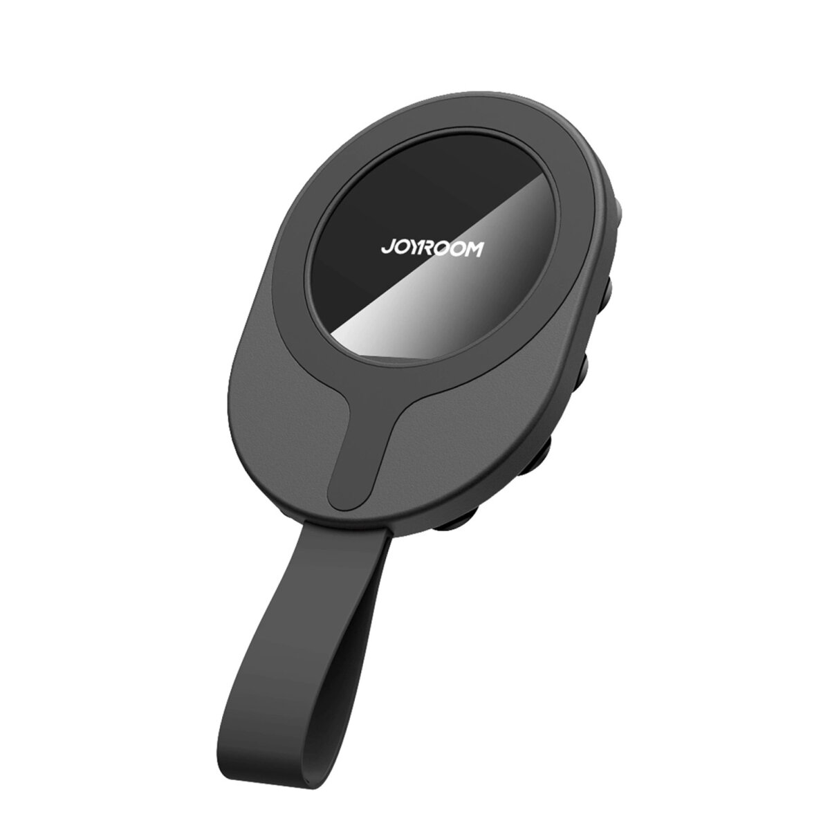 Czarny, owalny uchwyt na telefon z czarnym paskiem. Posiada okrągły obszar w środku.