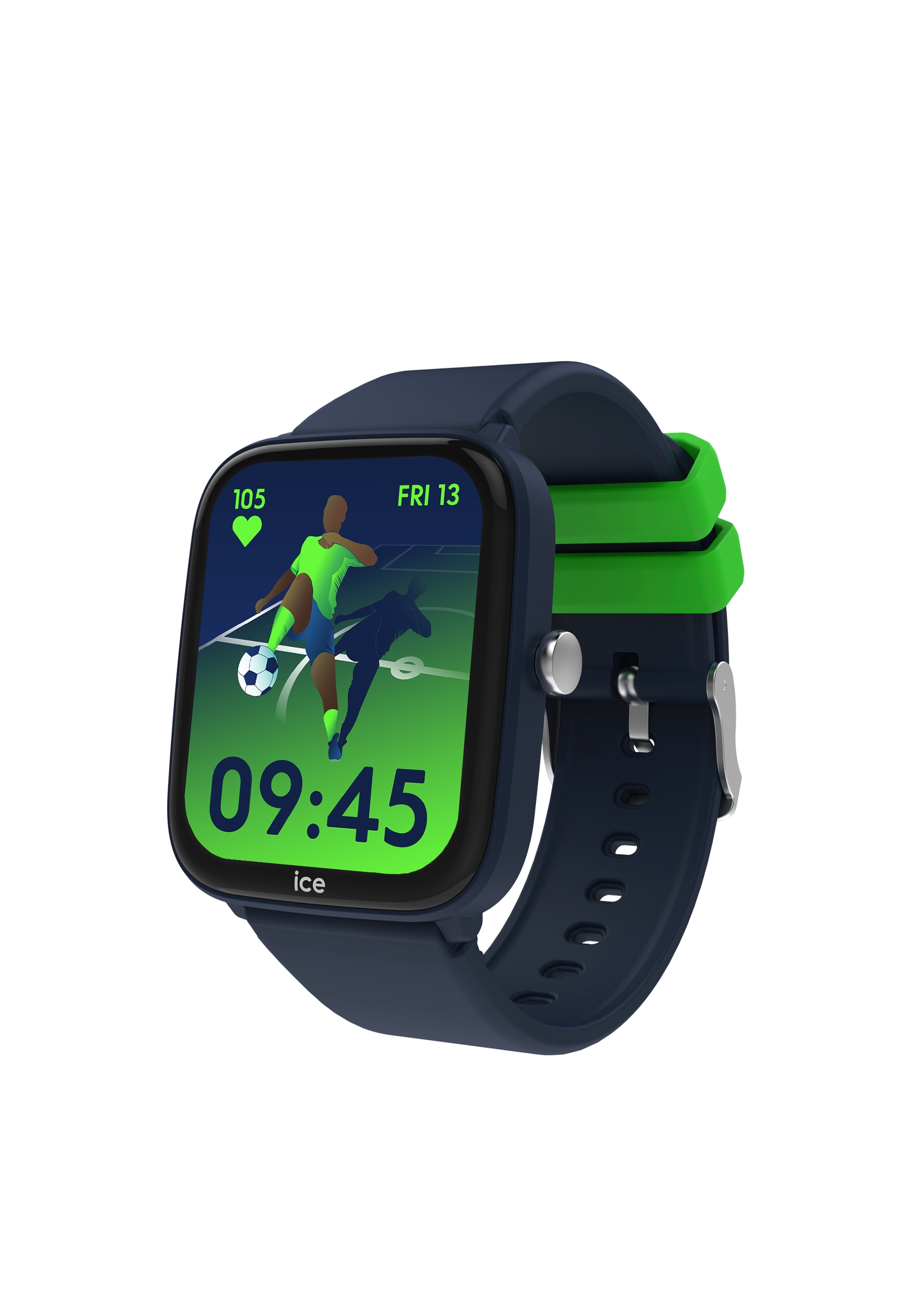 Une montre de sport noire et marine affiche un match de football. La montre a un bracelet vert et marine.