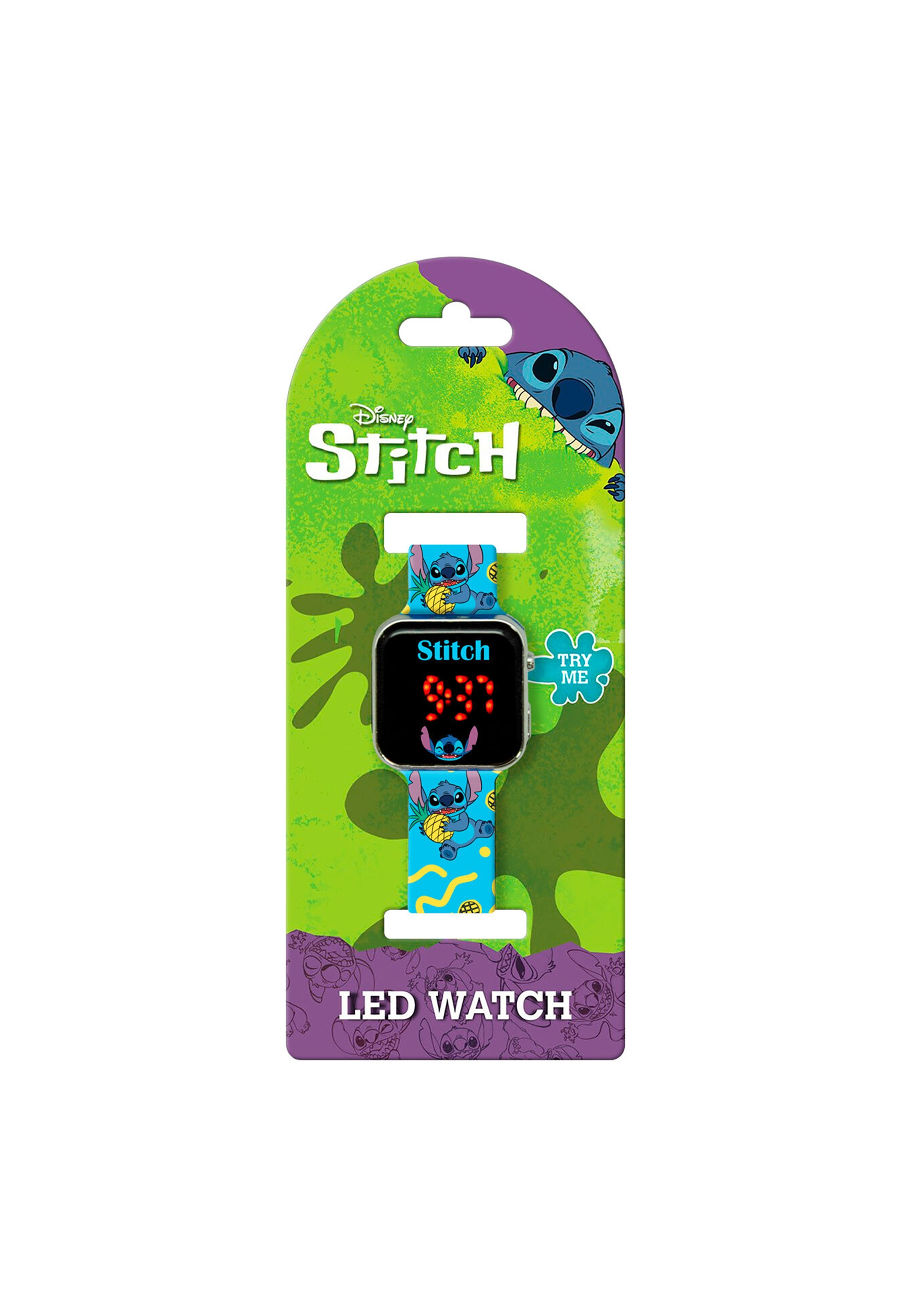 Montre LED Disney Stitch dans son emballage, bracelet bleu, fond vert.