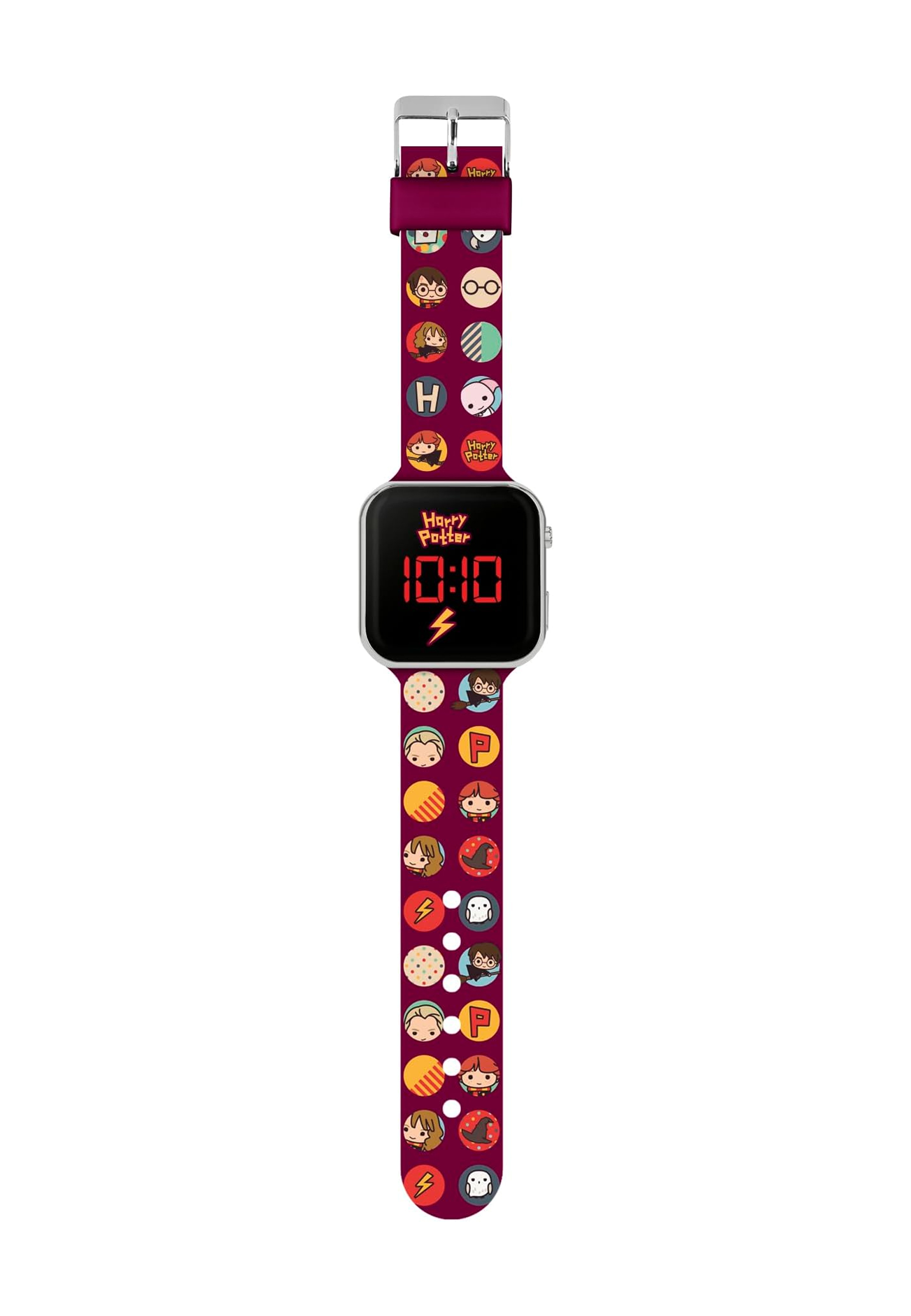 Harry Potter Uhr mit weinrotem Armband und Digitalanzeige 10:10. Das Armband hat Charakterbilder.
