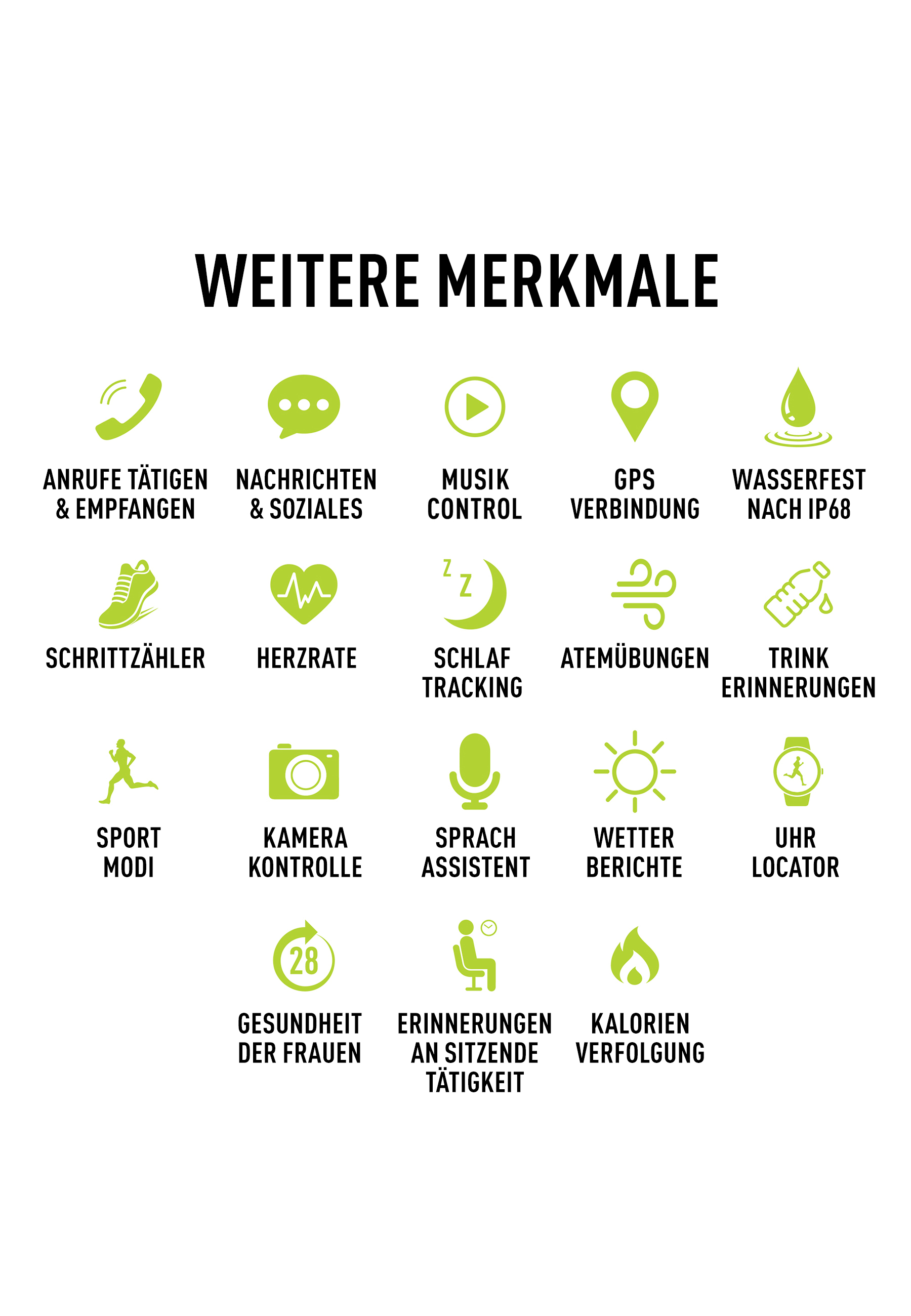 Icons der Smartwatch-Funktionen. Enthält Anrufe, Nachrichten, Musik, GPS und Wasserbeständigkeit.