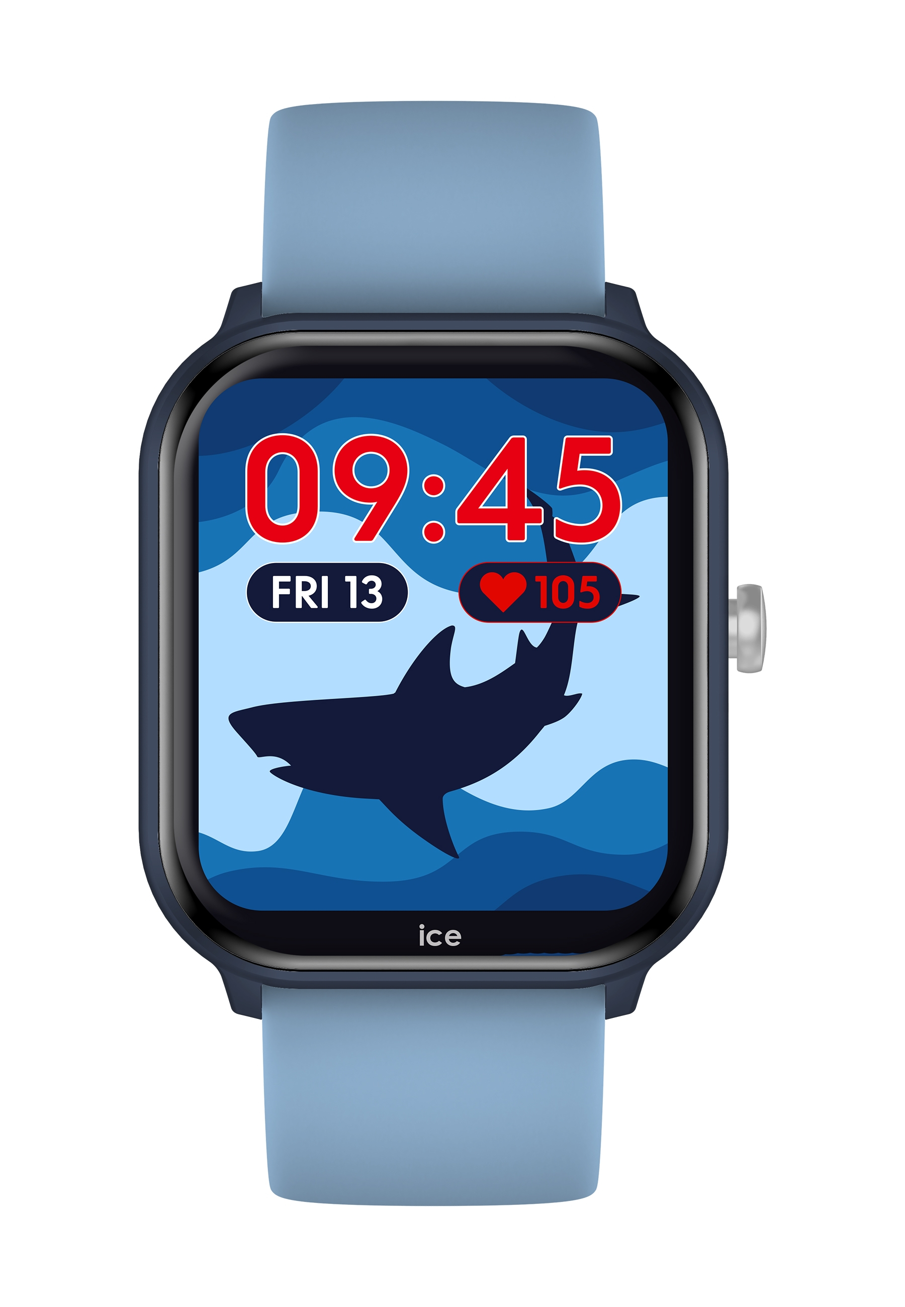 Eine blaue Smartwatch mit Hai auf dem Bildschirm, isoliert auf Weiß.