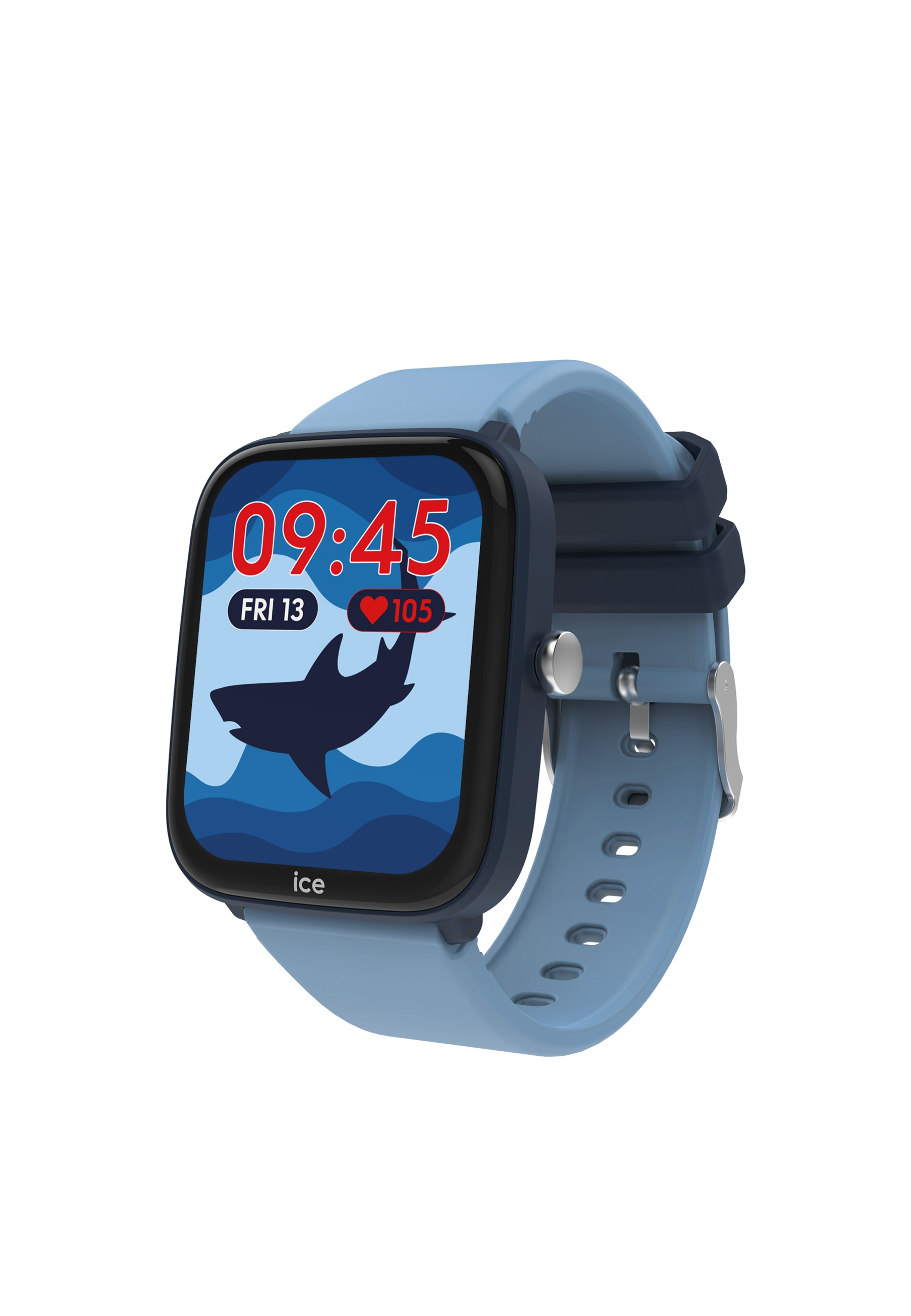 Kinder-Smartwatch mit blauem Armband und blauem quadratischem Display mit Hai-Grafik.