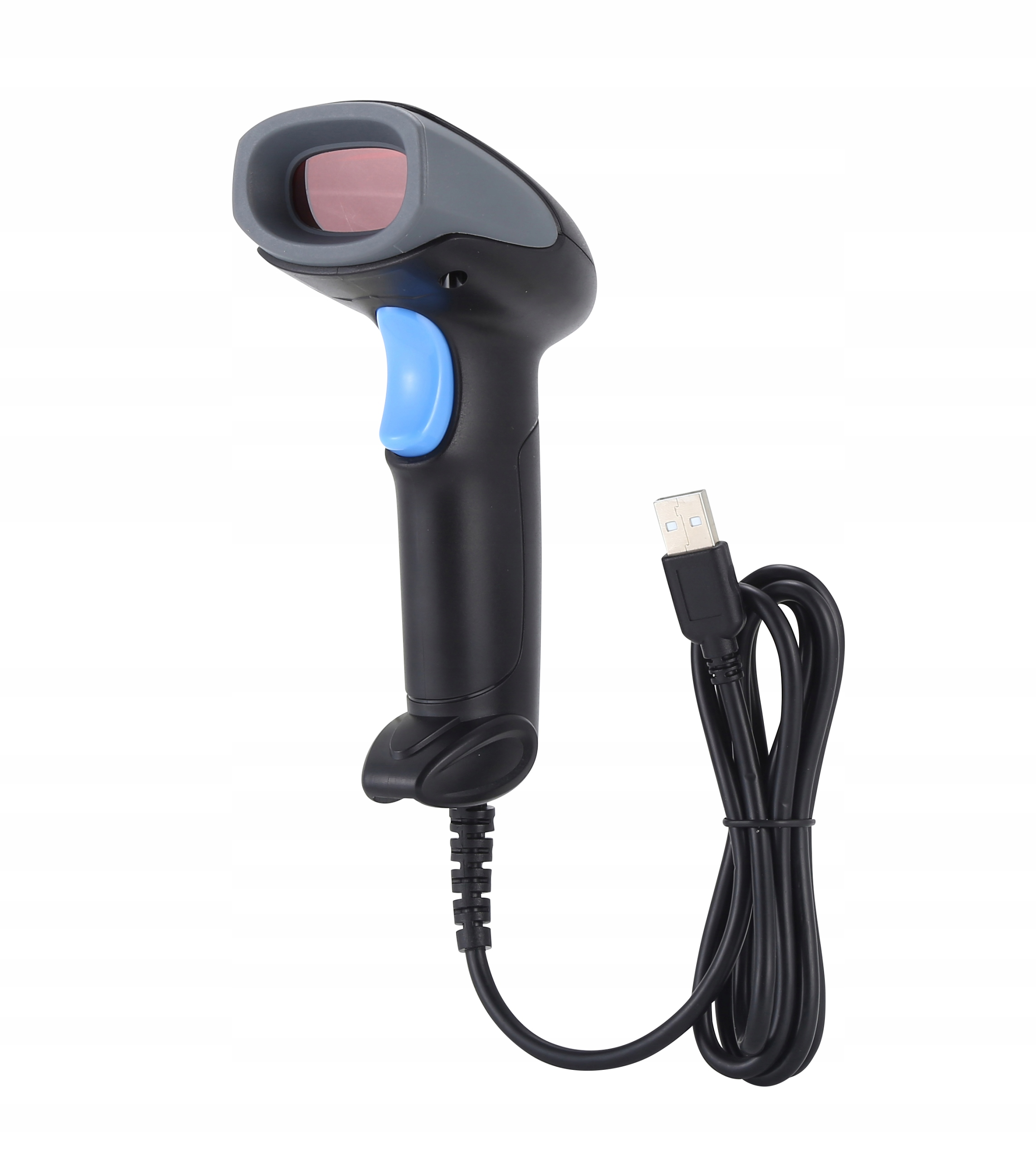 Czarny i szary skaner kodów kreskowych z niebieskim przyciskiem i kablem USB na białym tle.