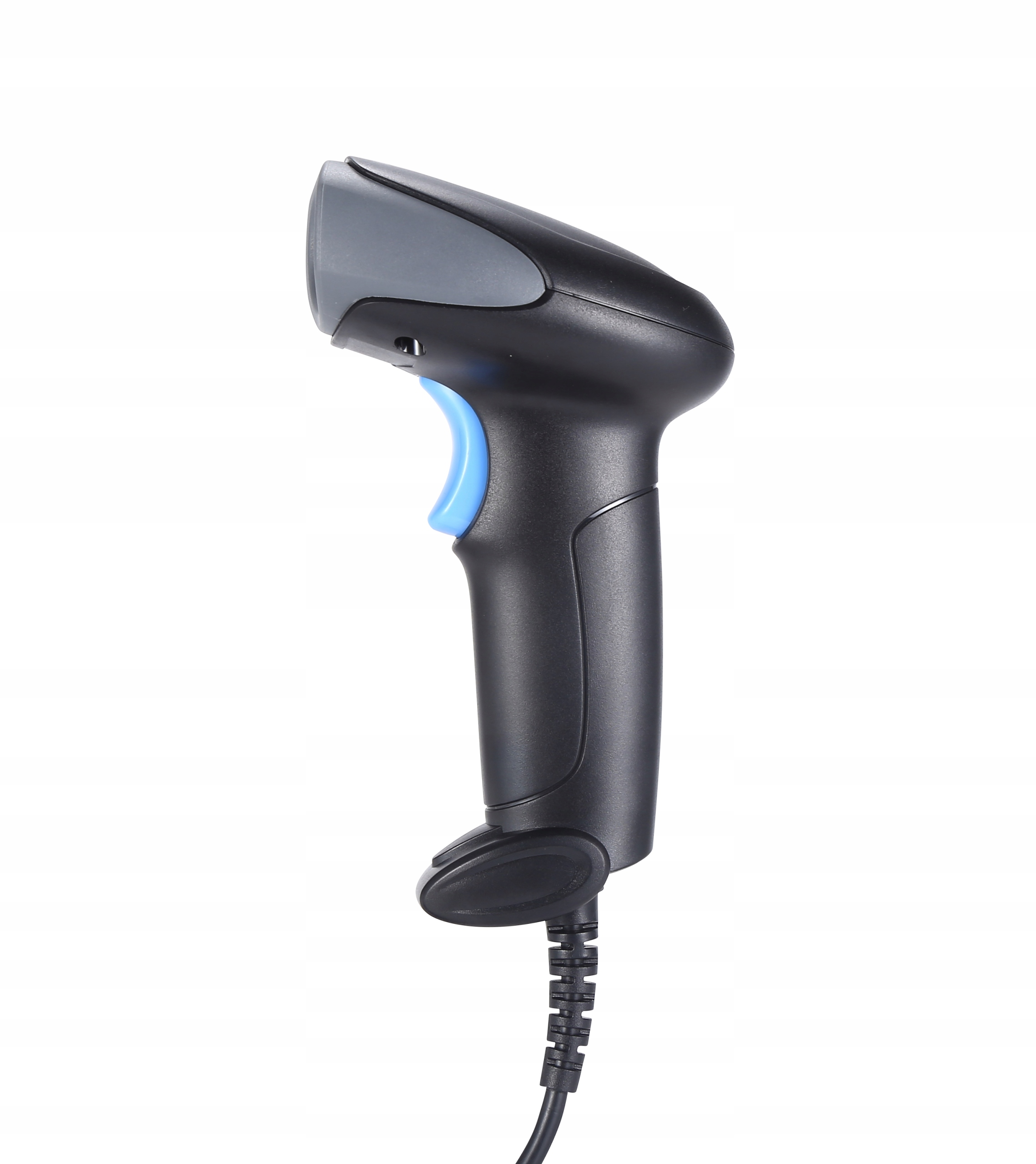 Czarny skaner kodów kreskowych z niebieskim spustem. Białe tło.