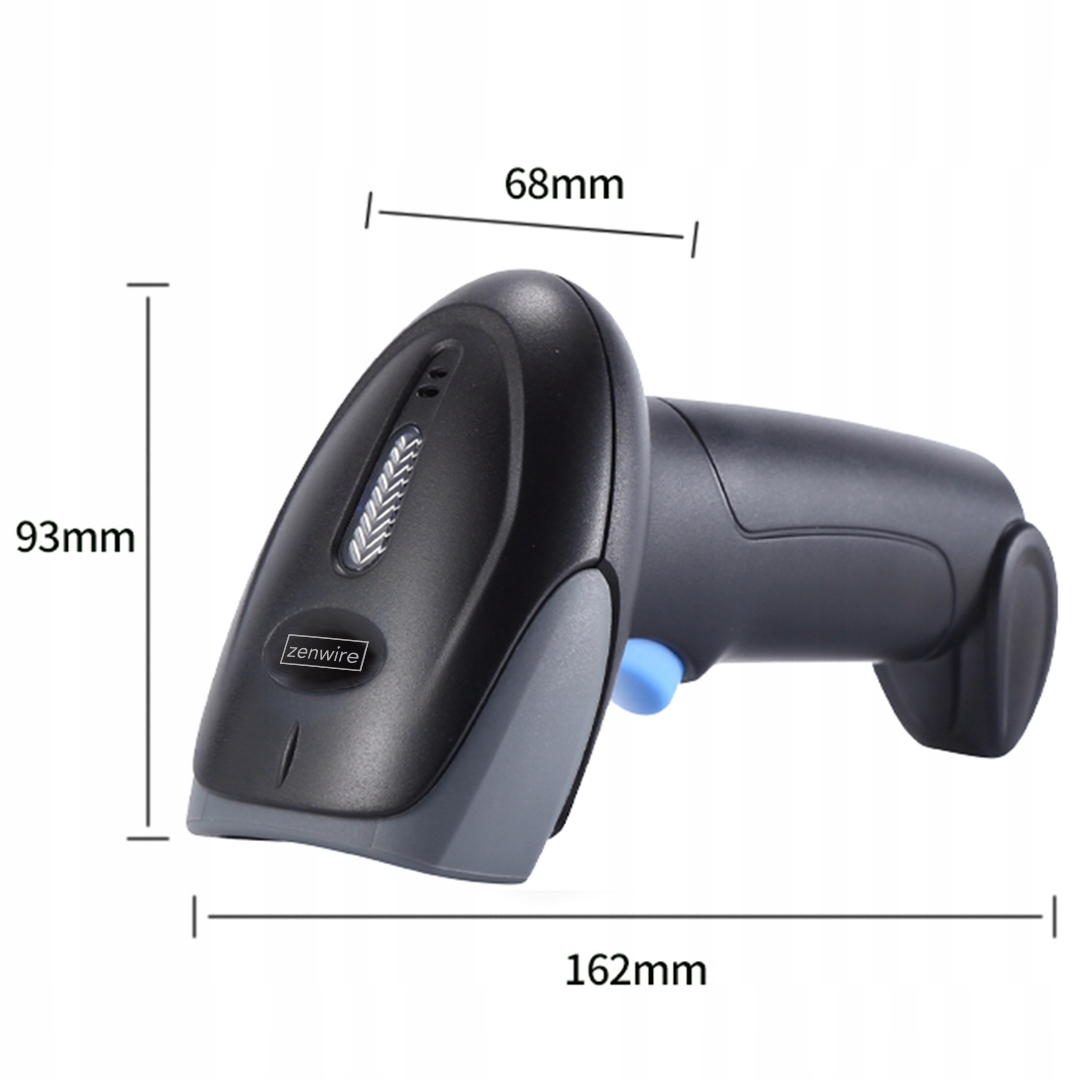 Czarny skaner kodów kreskowych z wymiarami: 93 mm wysokości, 68 mm szerokości, 162 mm długości. Białe tło.