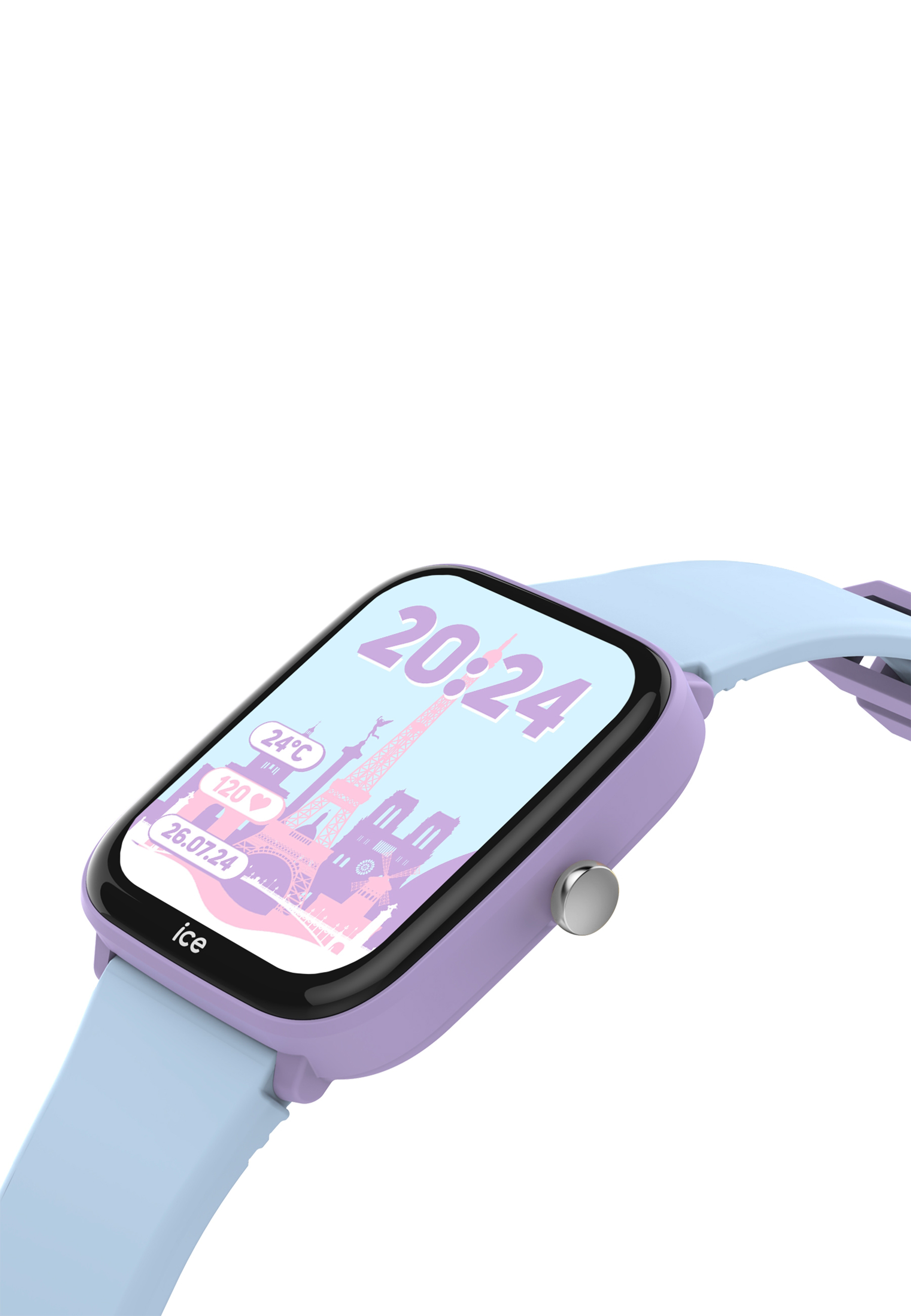 Smartwatch violette et bleu clair avec paysage urbain sur l'écran. Affiche l'heure et la date.