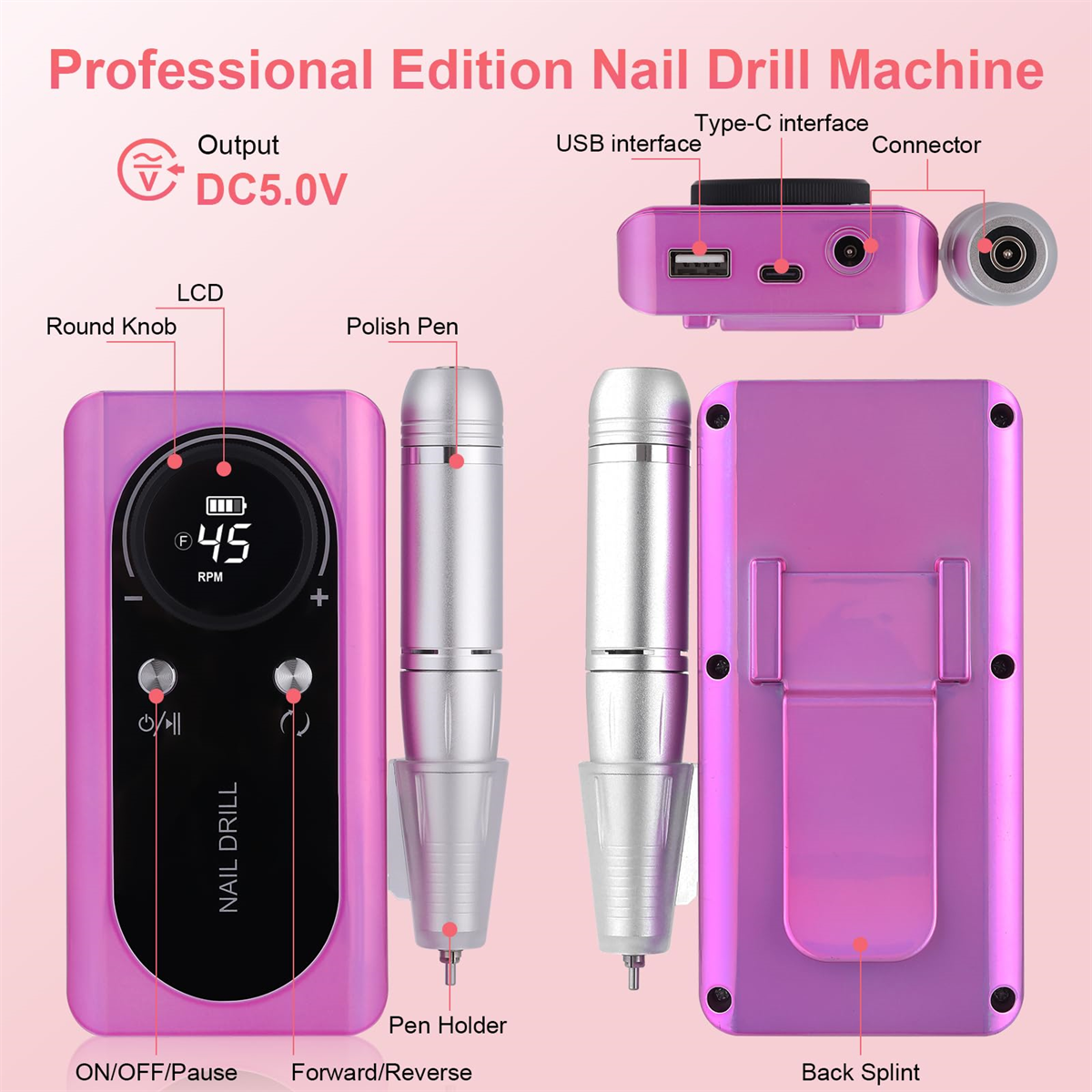 Eine pinkfarbene Nagelfräsmaschine mit beschrifteten Komponenten: LCD, USB und Anschluss. Auch Polierstifte sind abgebildet.