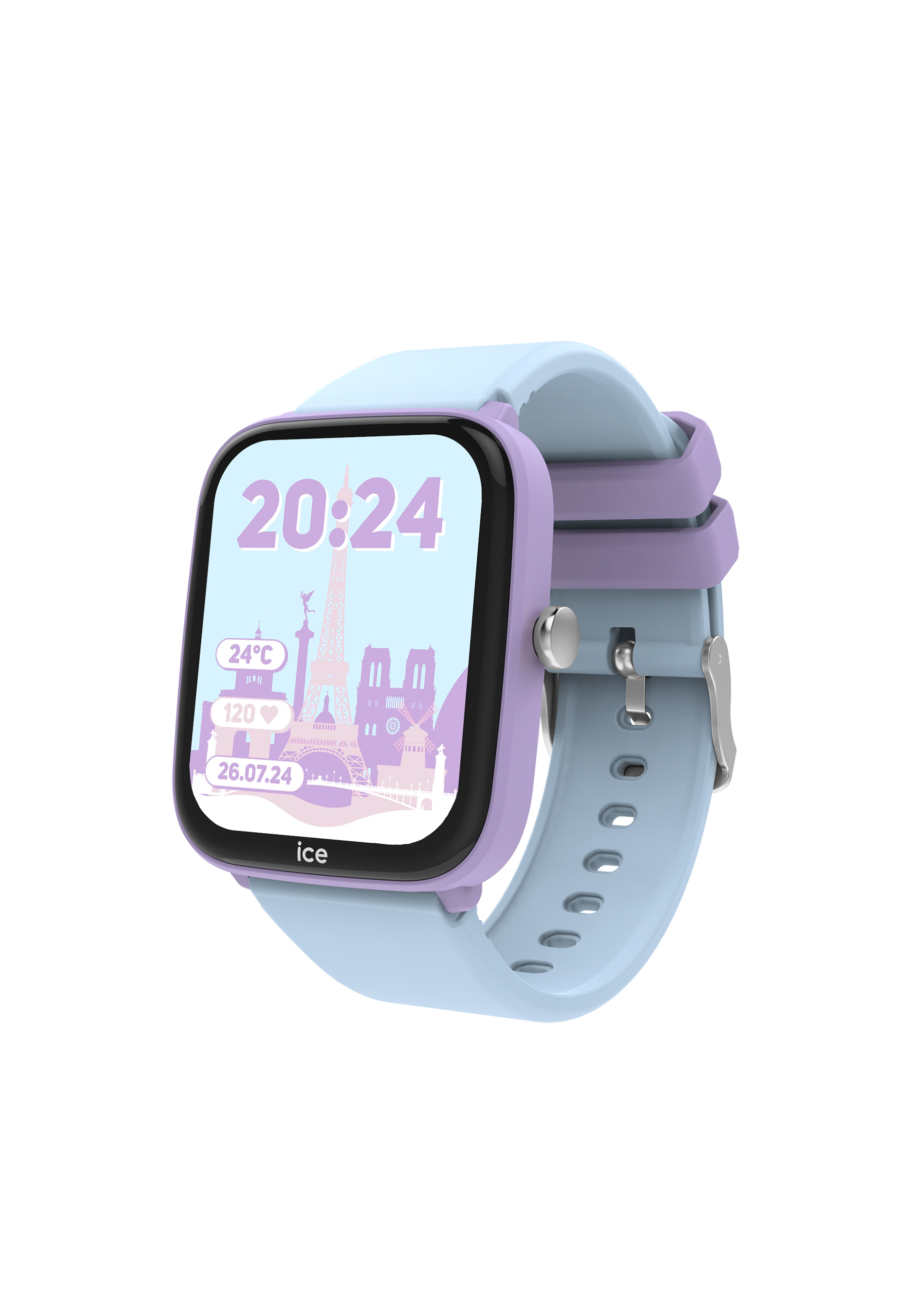 Une montre connectée bleu clair et violet, affichant l'heure 20:24, et un paysage parisien à l'écran.
