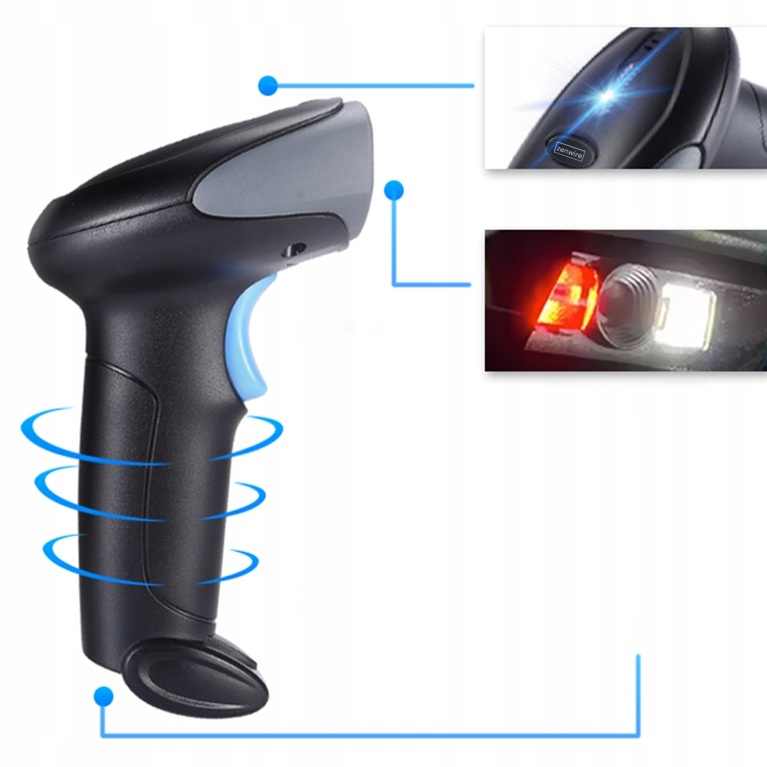 Czarno-szary skaner kodów kreskowych z niebieskim spustem i podświetlonymi funkcjami.