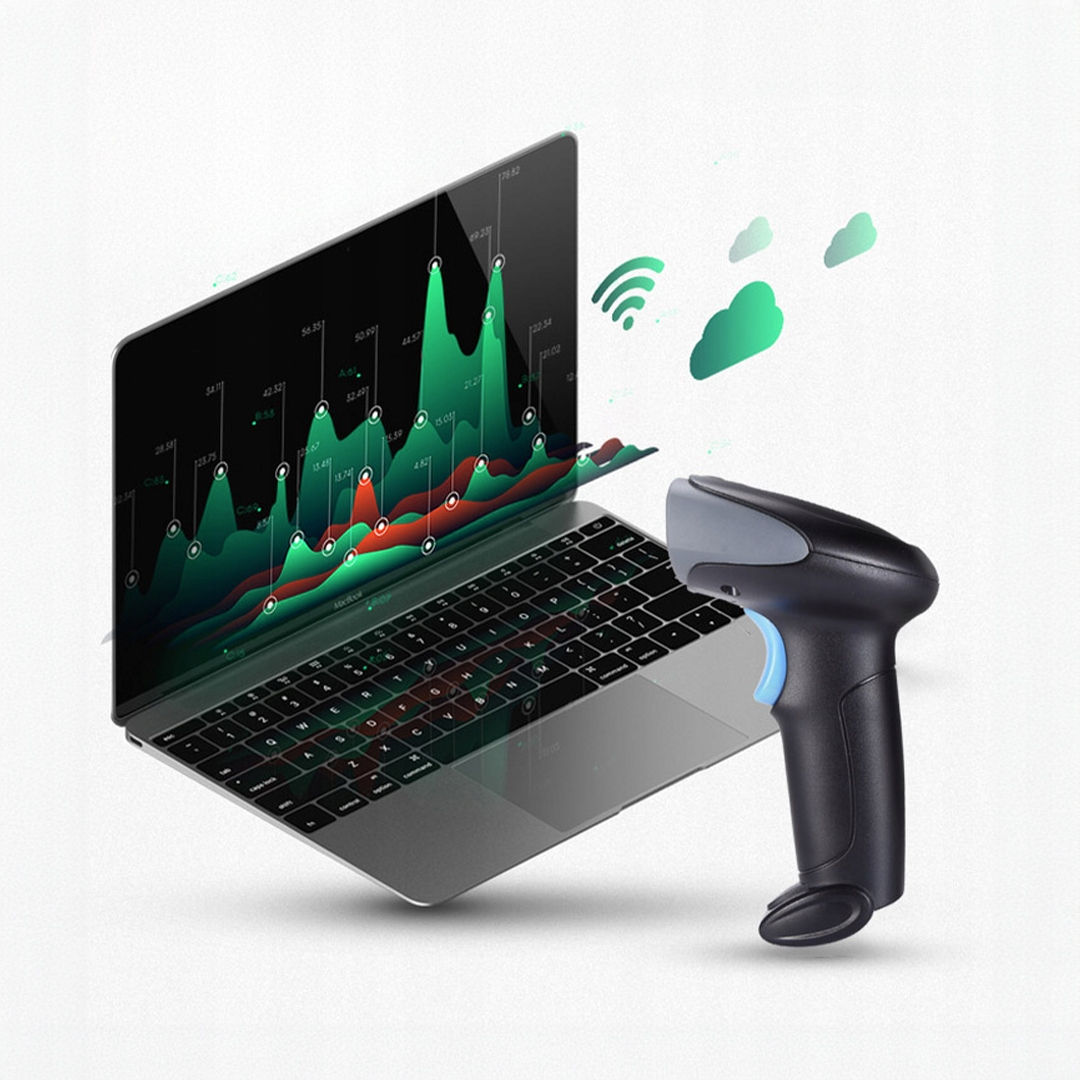 Laptop wyświetlający wykres, ze skanerem kodów kreskowych obok i kilkoma ikonami chmur.