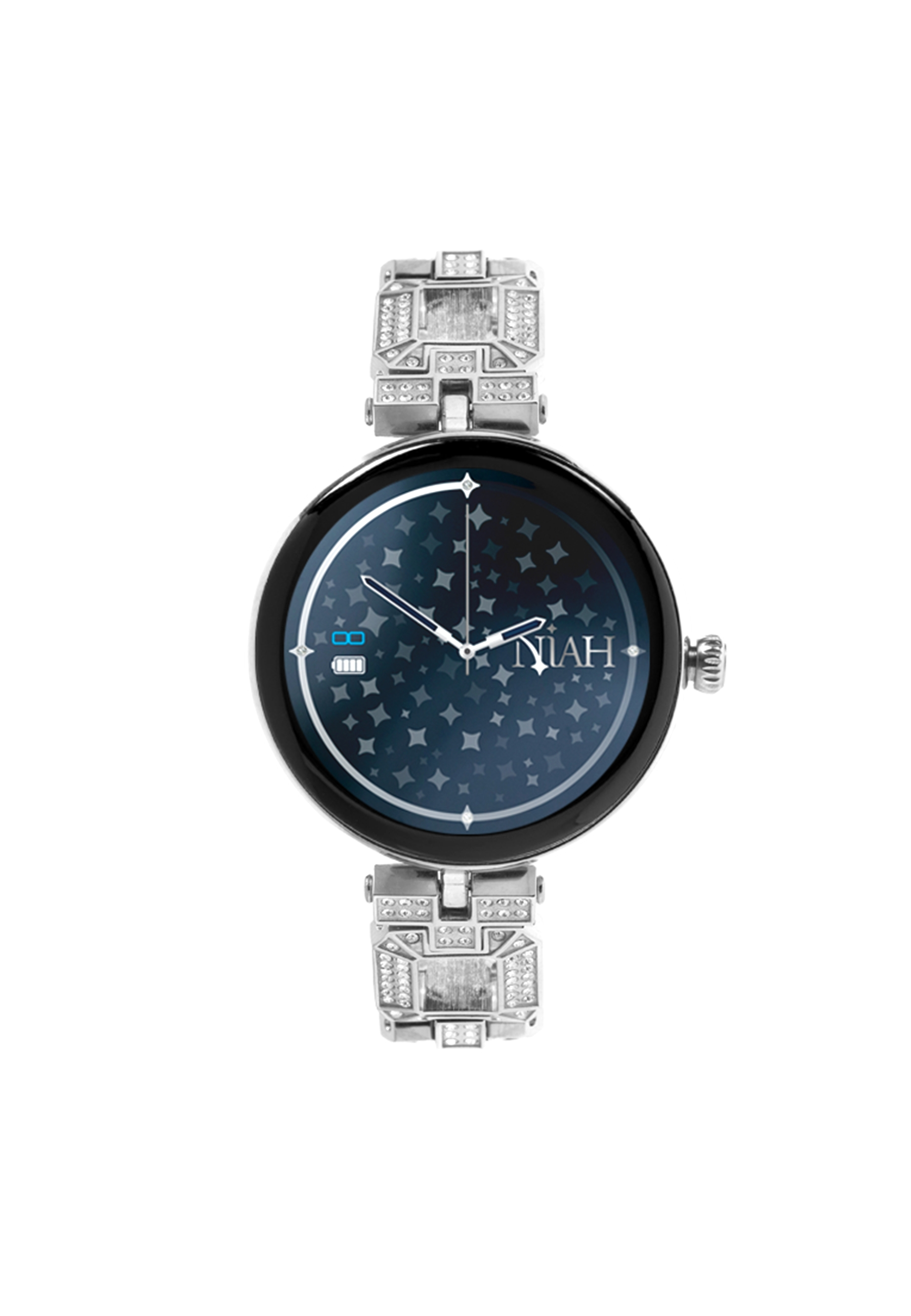 Smartwatch argentato con quadrante blu scuro, motivo a stelle e NIÁH. Stile bracciale.