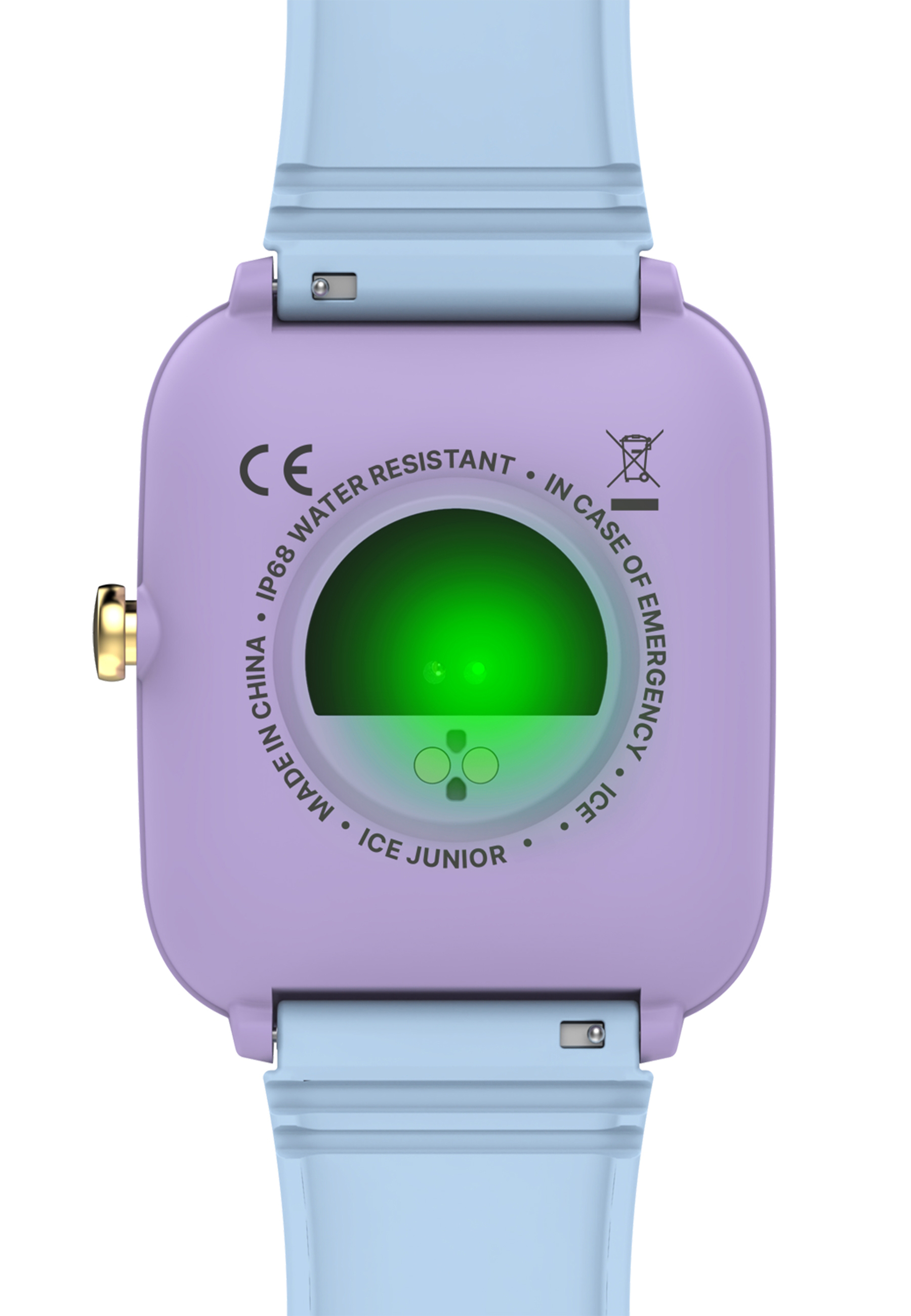 Dos d'une smartwatch violet-bleu avec une lumière verte et les mots 'Water Resistant' et 'ICE'.