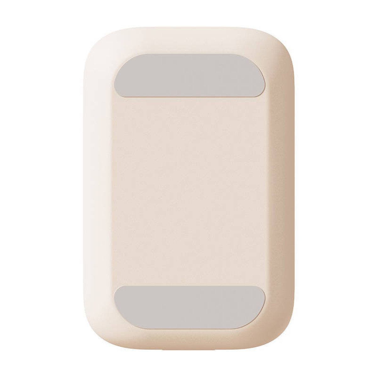 Eine beige, rechteckige elektronische Waage. Hat zwei graue, rechteckige Pads.