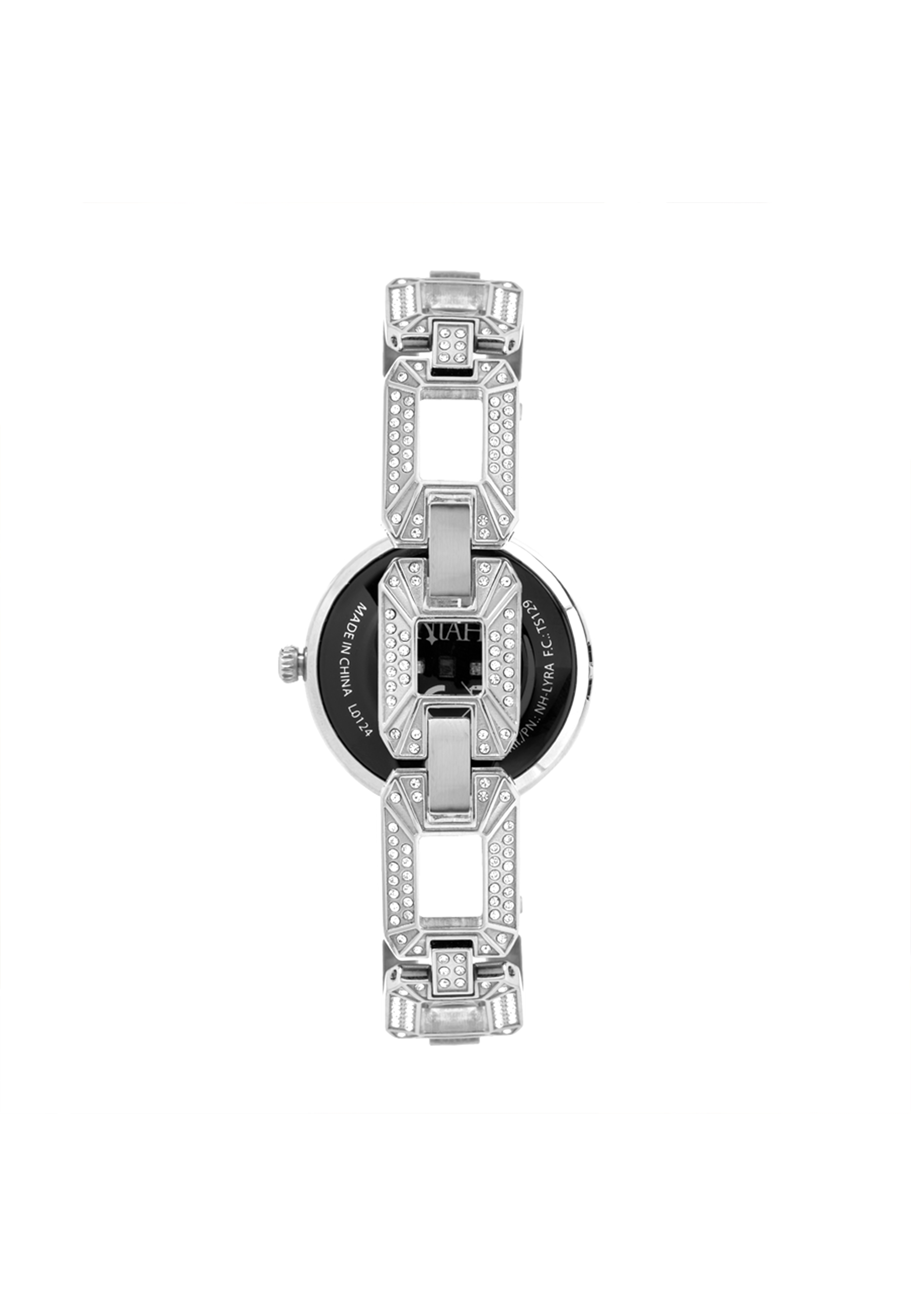 Orologio argentato con cinturino tempestato di diamanti e quadrante nero, vista dall'alto.