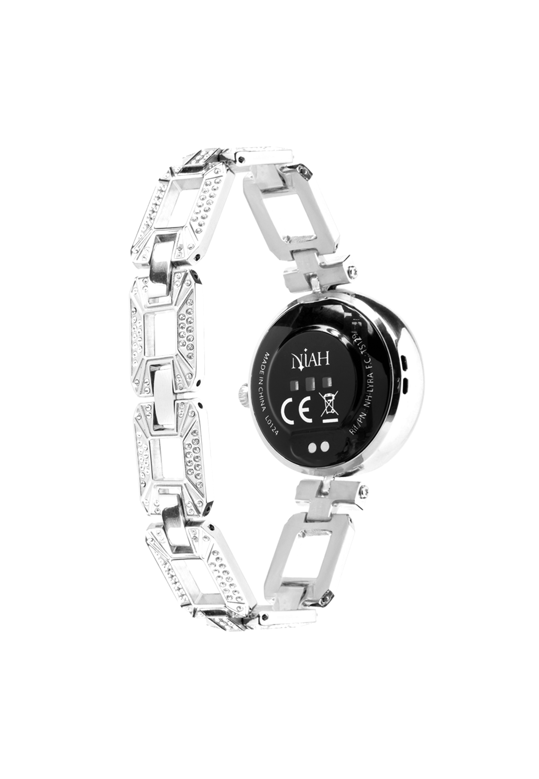 Uno smartwatch argentato con un braccialetto argentato, visto dal retro.