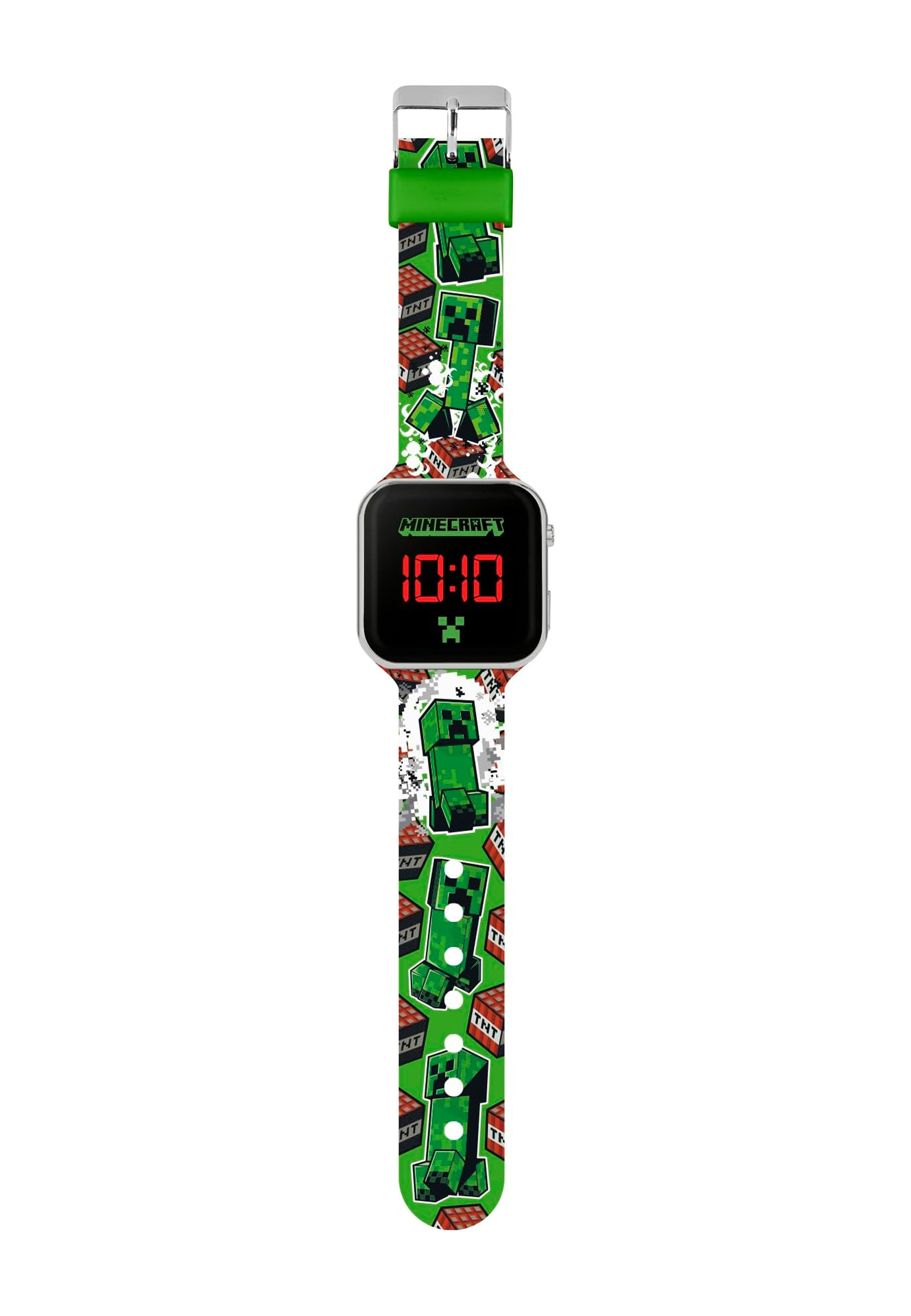 Montre Minecraft avec bracelet vert et affichage 10:10. Comprend Creeper et TNT.