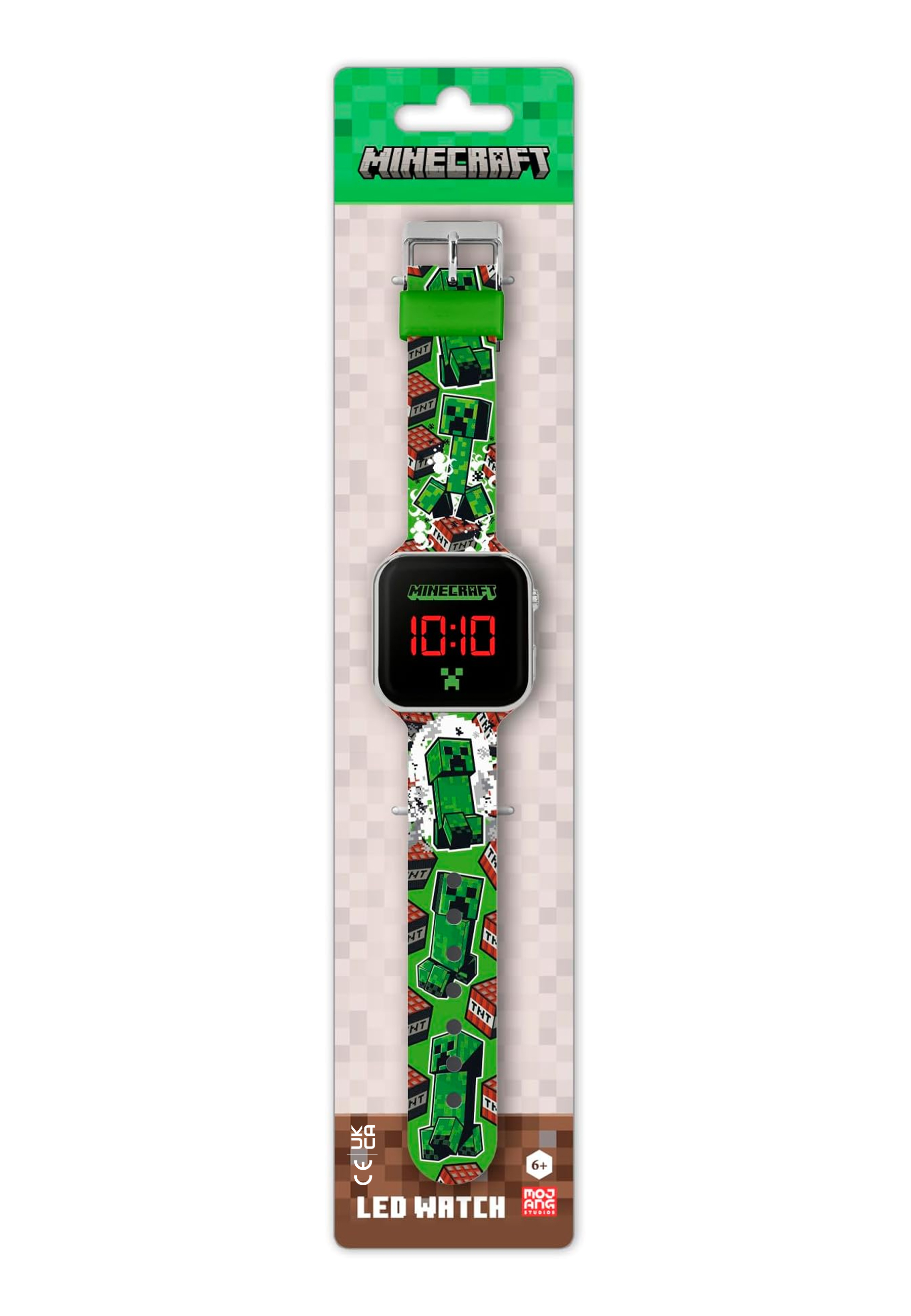 Une montre Minecraft avec un bracelet vert et un affichage numérique indiquant l'heure. La montre a un design vert et noir.
