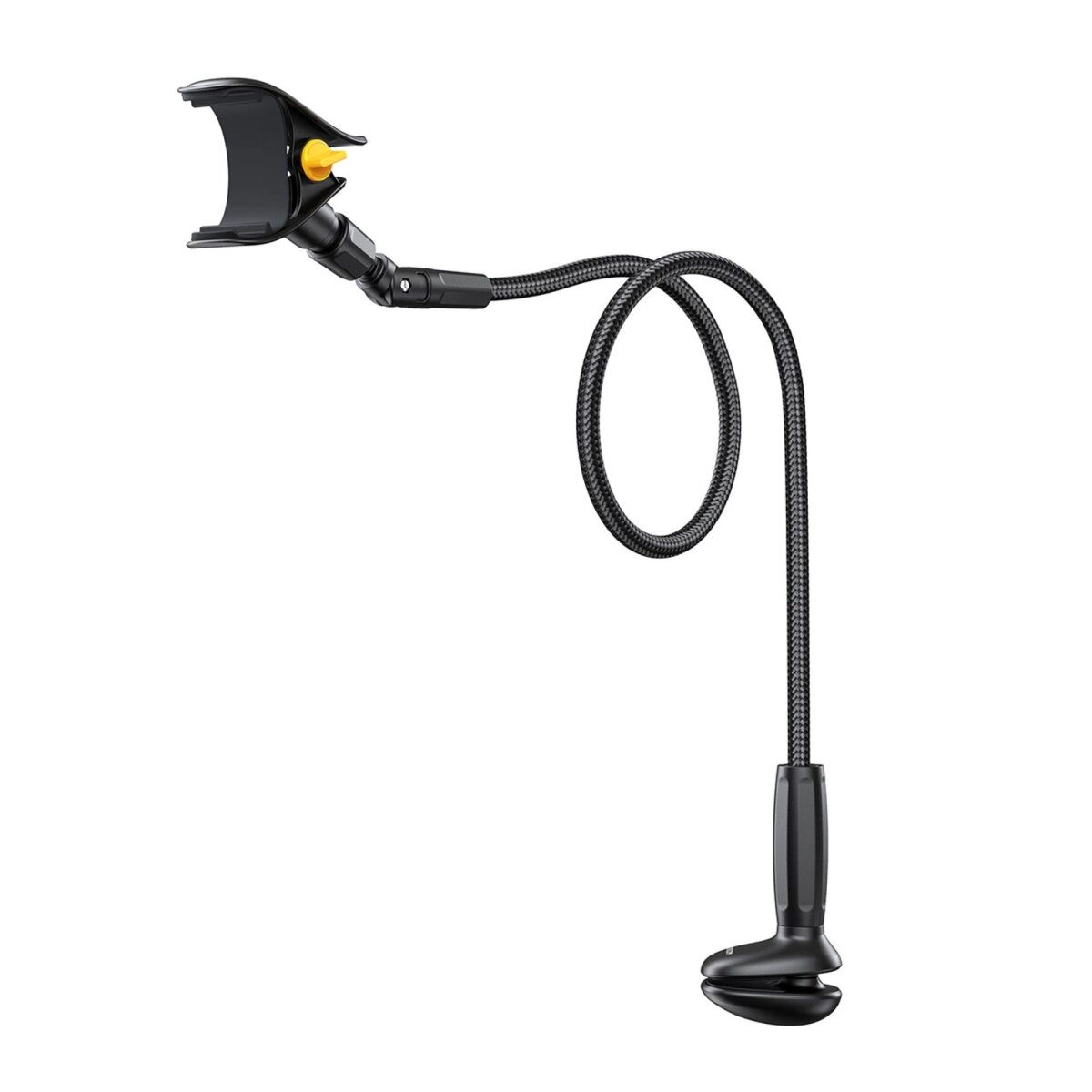 Elastyczny uchwyt na telefon. Podstawa to zacisk, a uchwyt jest czarny z żółtym pokrętłem regulacyjnym.