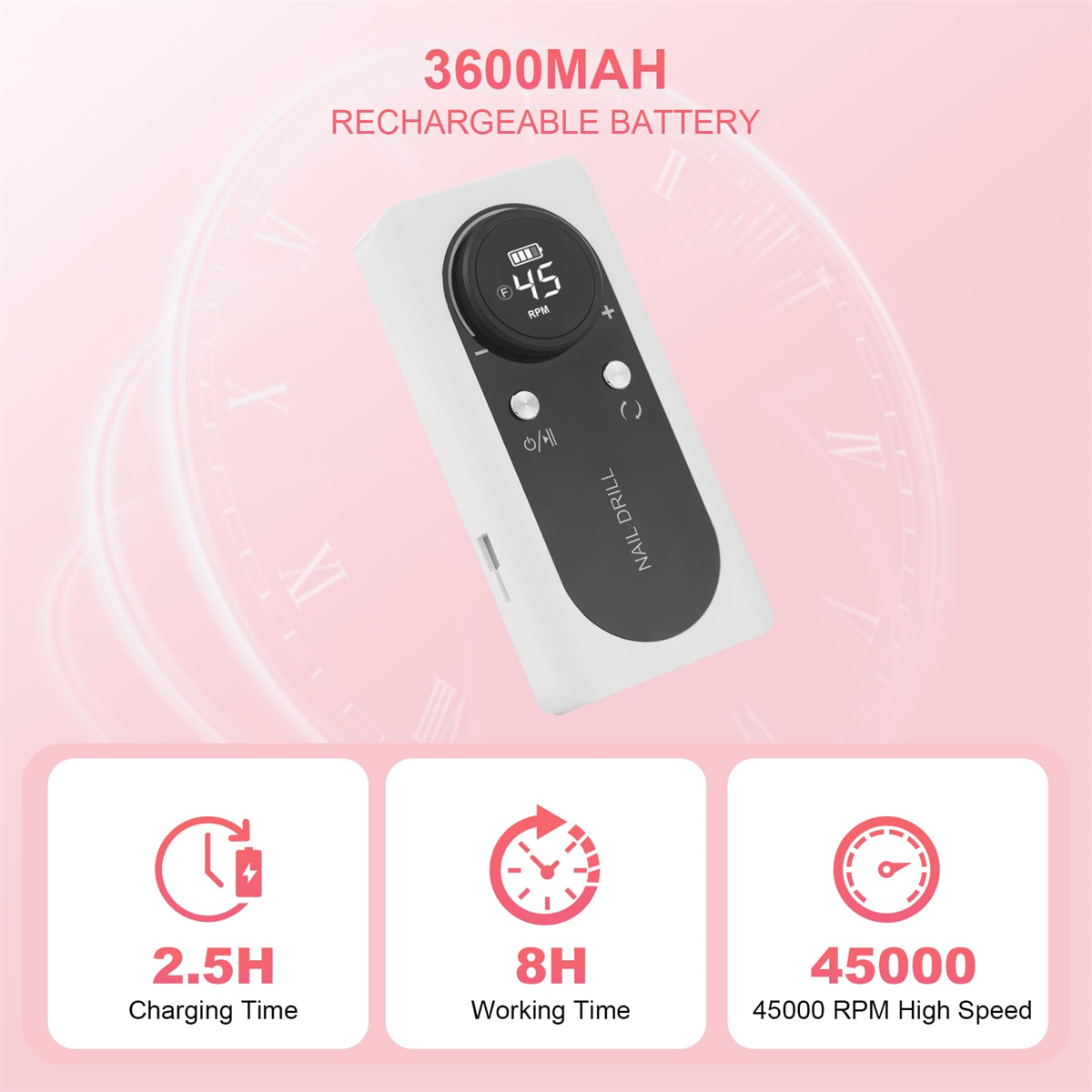 Weißer Nagelbohrer mit Digitalanzeige. Zeigt 2,5 Std. Ladezeit, 8 Std. Arbeitszeit und 45000 U/min.