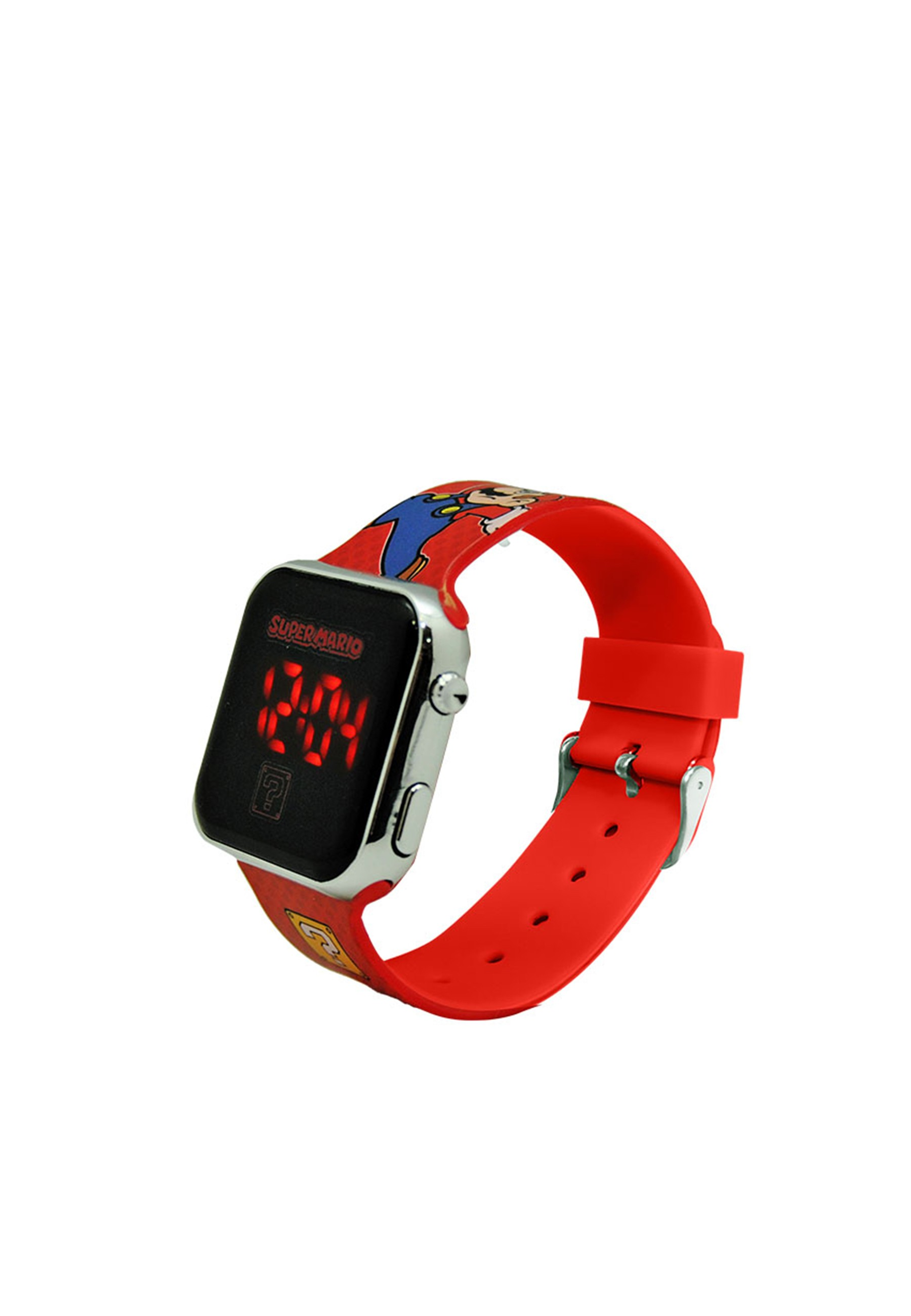 Super Mario Uhr. Rotes Armband, schwarzer Bildschirm, rote digitale Zahlen. Cartoon-Grafik.
