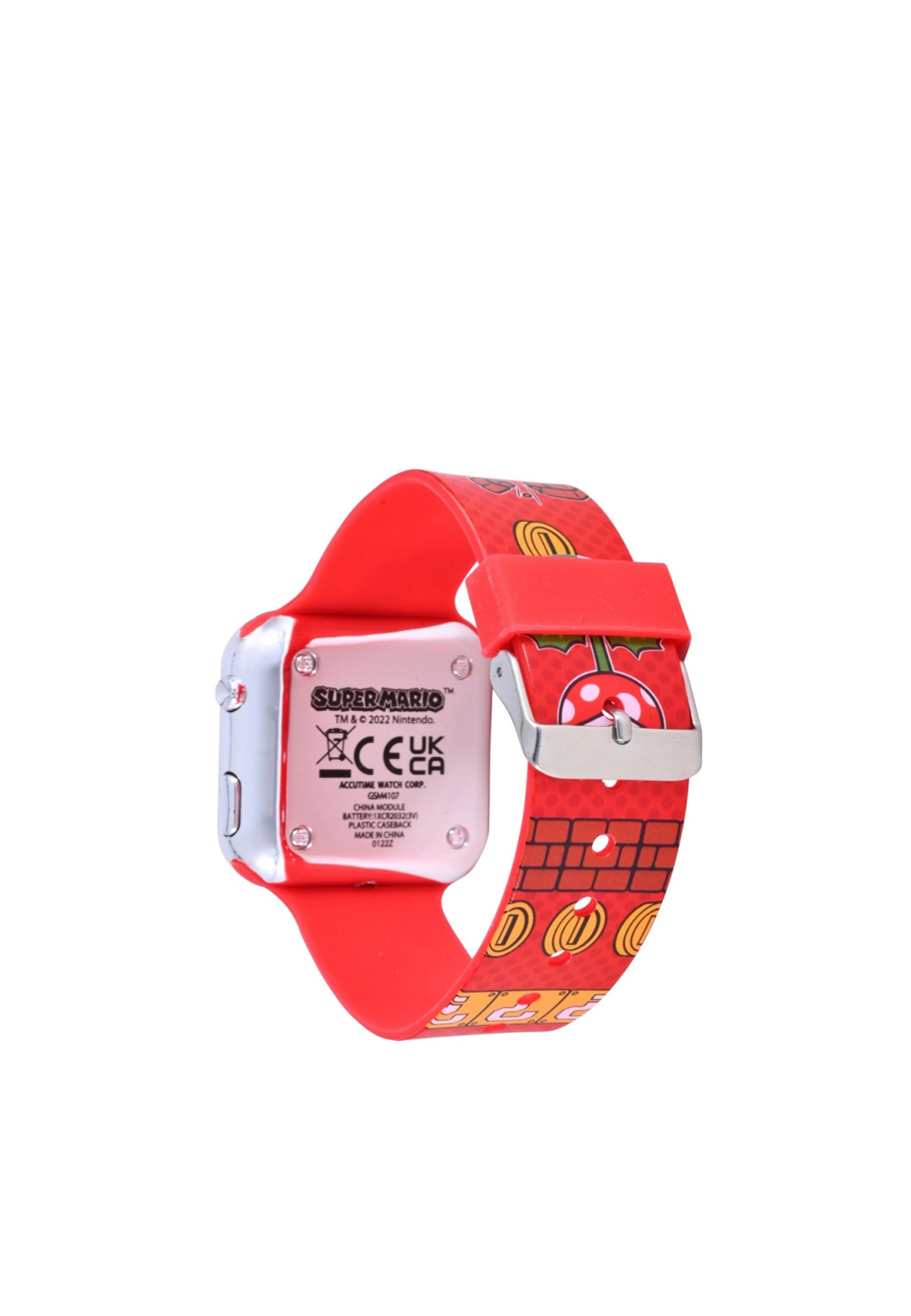 Super Mario Uhr mit rotem Armband und Zifferblatt mit Super Mario Logo. Die Uhr ist rot und hat ein Ziegelmuster.