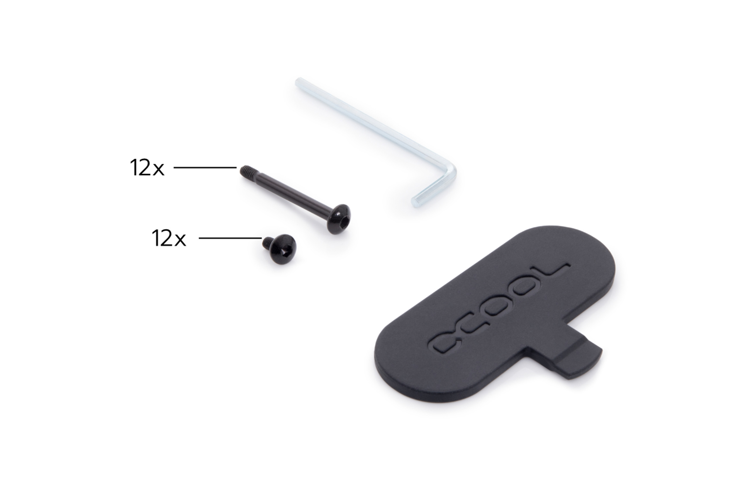 Hardware-Komponenten: Schrauben und ein Schraubenschlüssel. Schwarze Schrauben mit 12x beschriftet. Schwarzer Schraubenschlüssel.