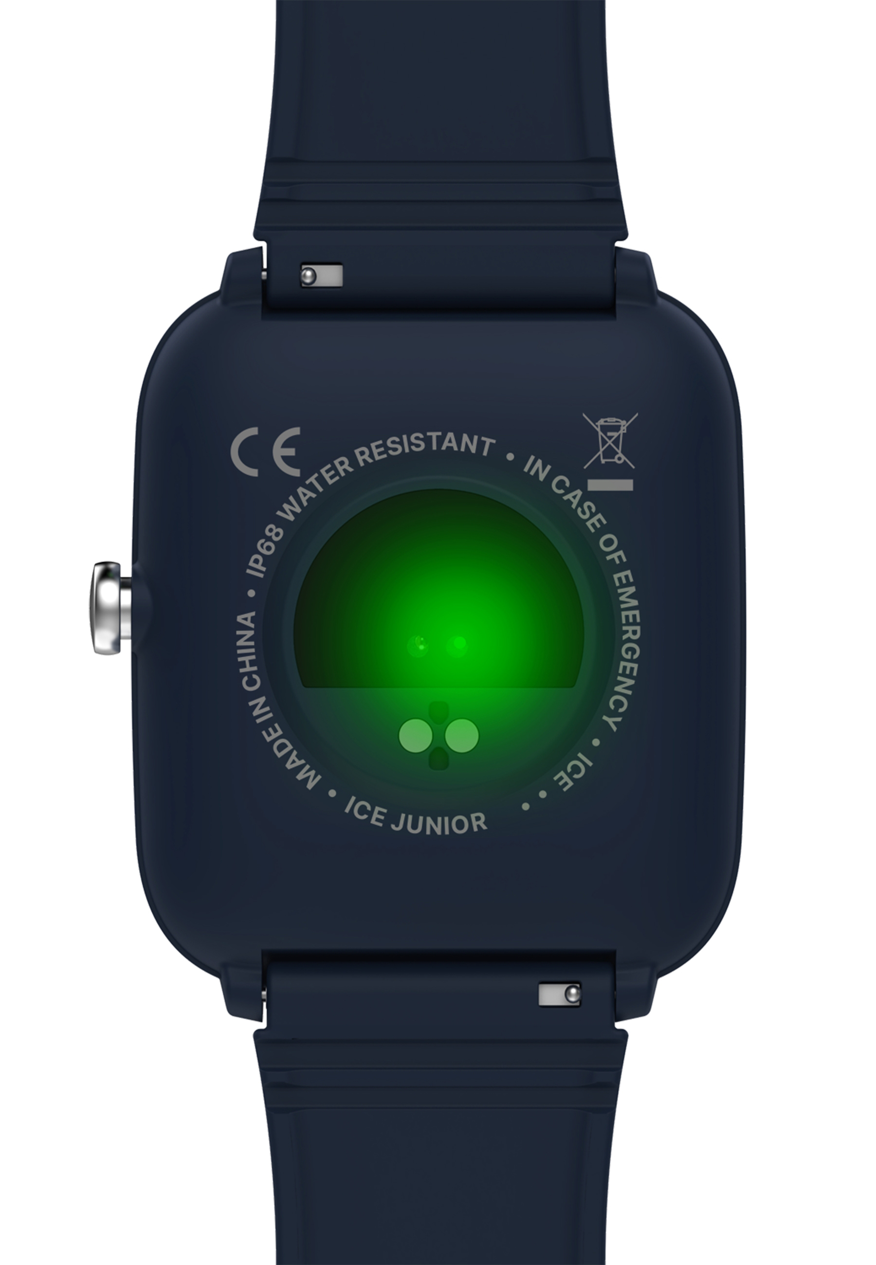 Rückseite einer dunkelblauen Smartwatch, Herzfrequenzsensor sichtbar, Text.