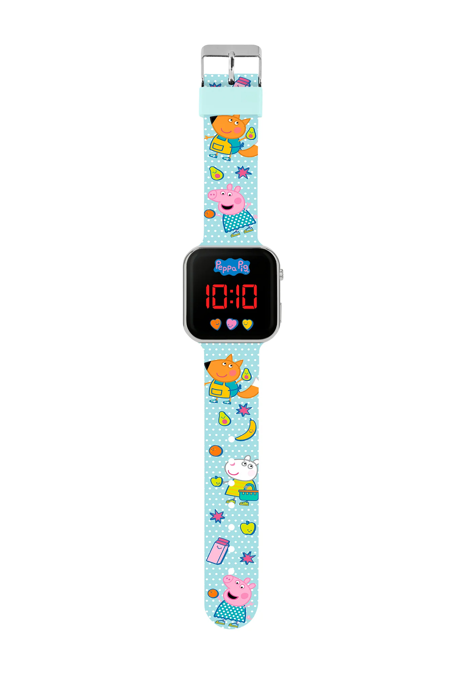 Peppa Wutz Uhr mit blauem Armband. Digitalanzeige mit Zeit und Cartoonfiguren.
