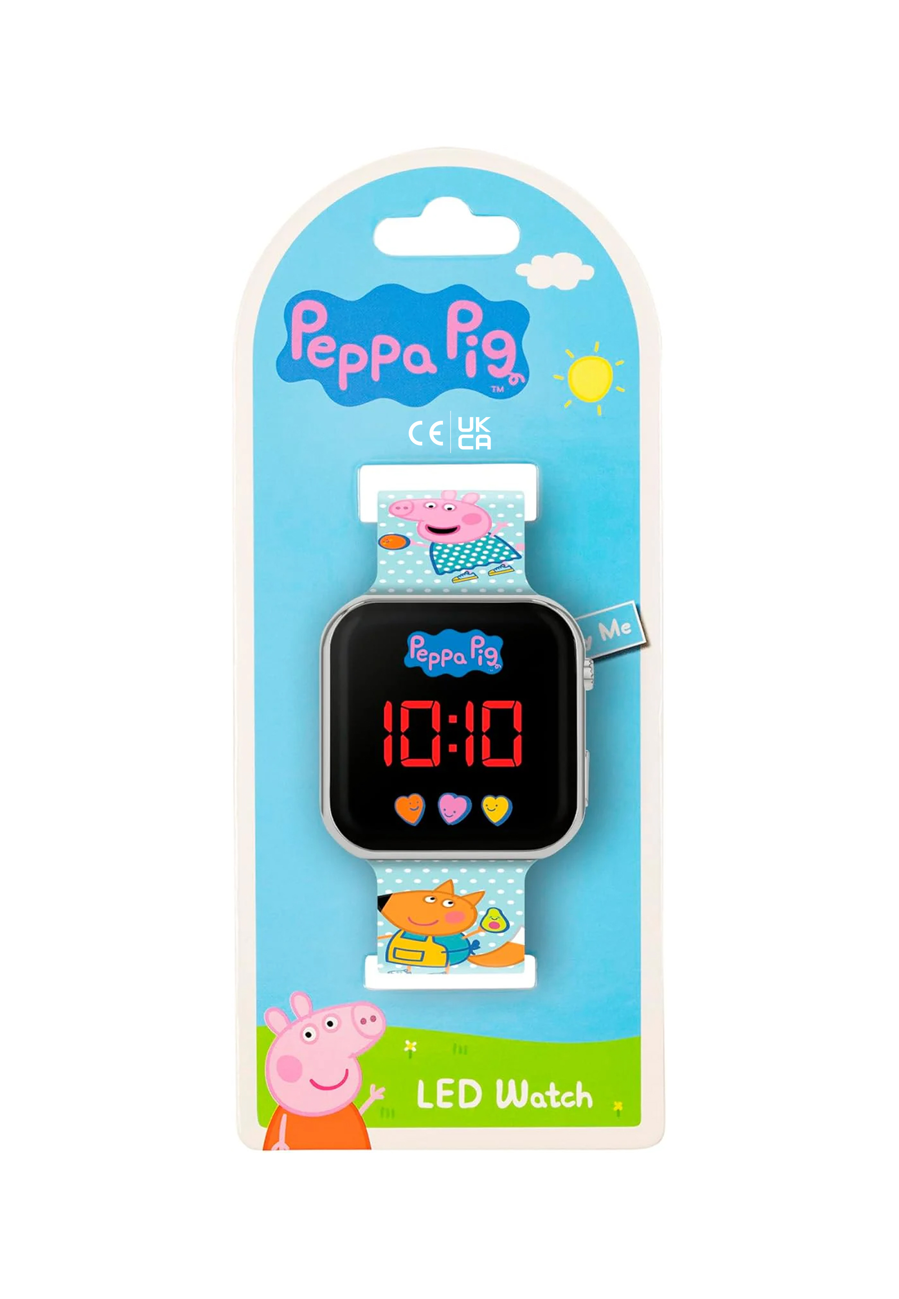 Eine Peppa Pig LED-Uhr in ihrer Verpackung zeigt die Uhrzeit. Das Armband hat Peppa Pig-Figuren.