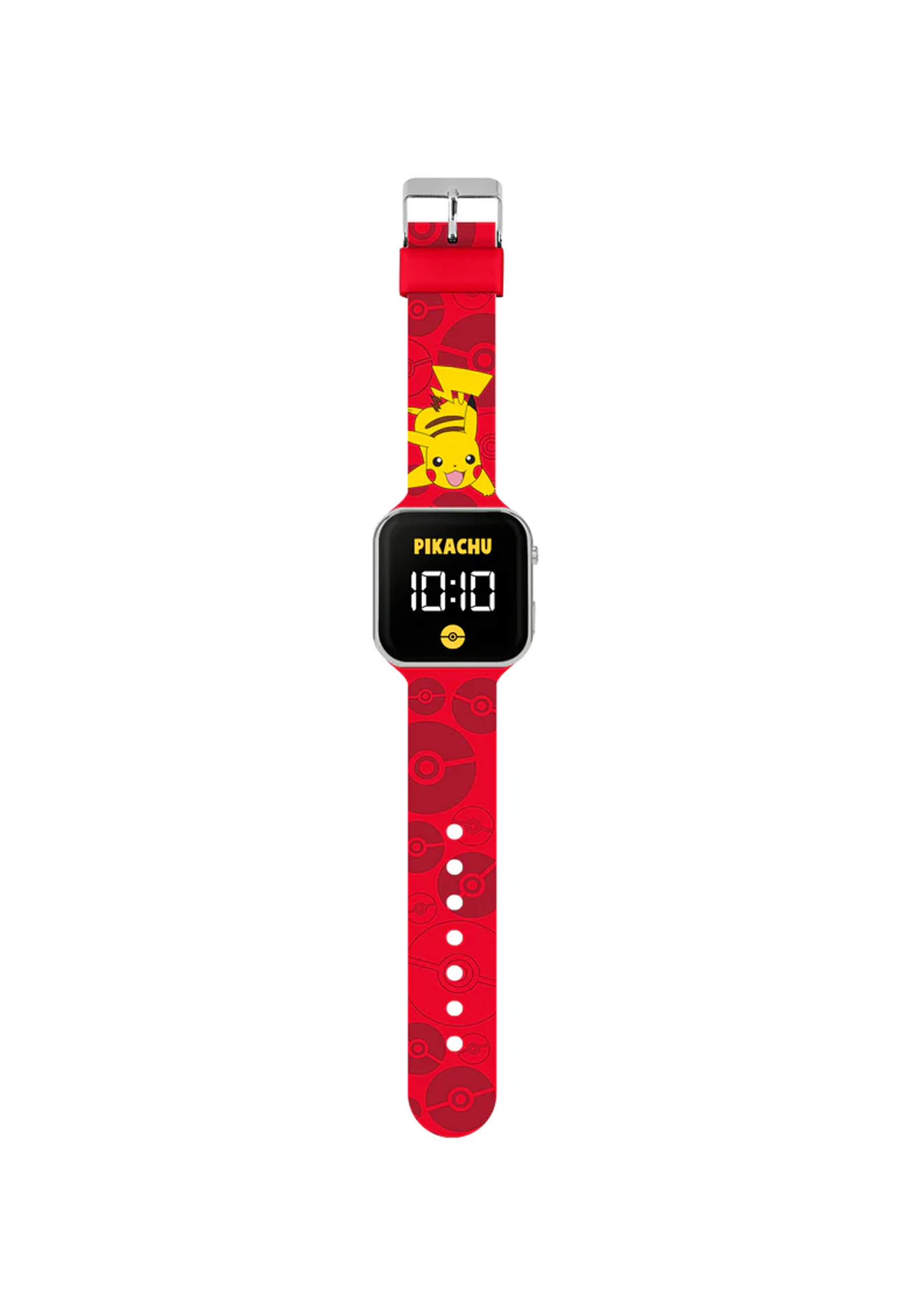 Rote Pikachu-Uhr. Gelbes Pikachu am Armband. Digitalanzeige zeigt 10:10.