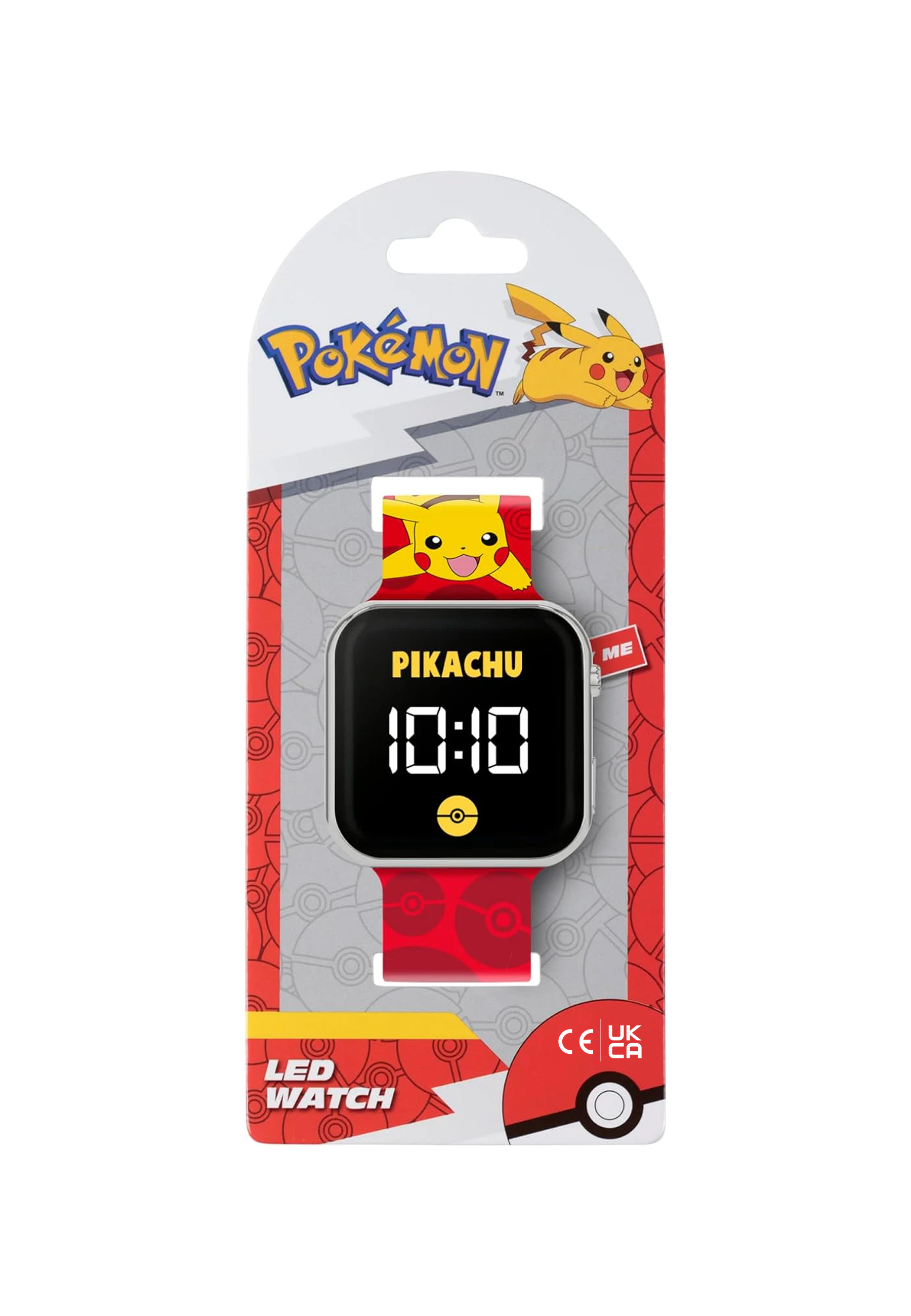Pikachu-Uhr mit rotem Armband, schwarzem Bildschirm mit 10:10 und Pikachu-Design oben.