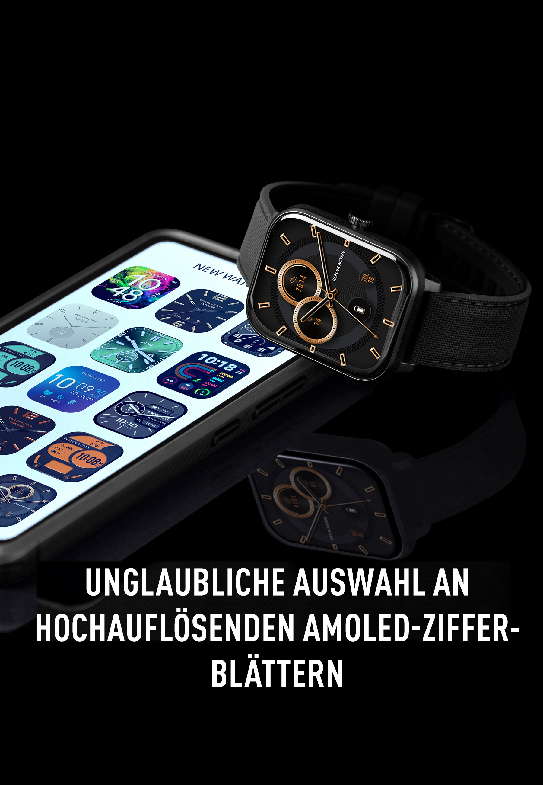 Smartwatch noire avec un bracelet noir à côté d'un smartphone affichant des cadrans. Fond noir.