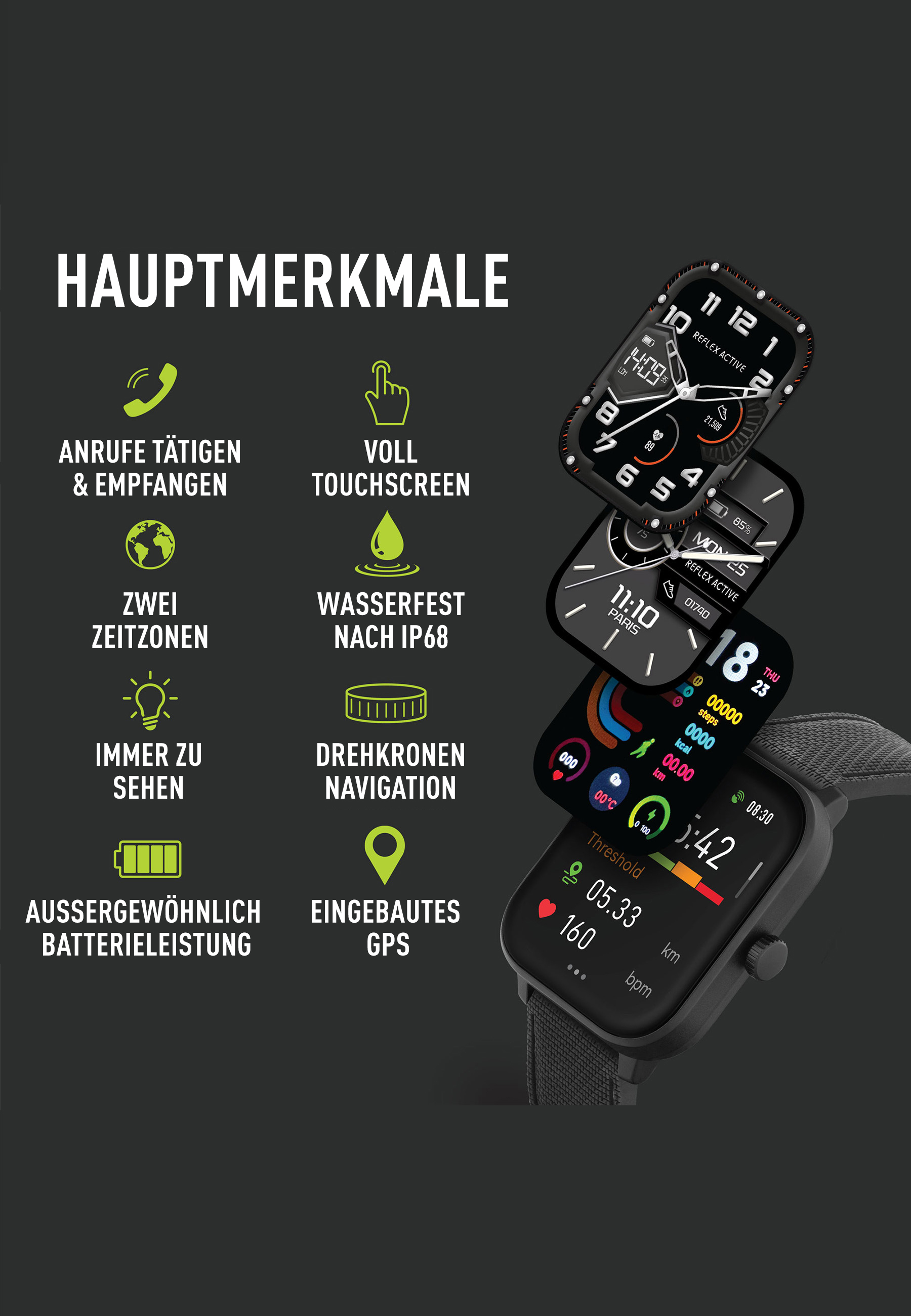 Affichages de smartwatch avec icônes de fonctionnalités et texte sur fond sombre.