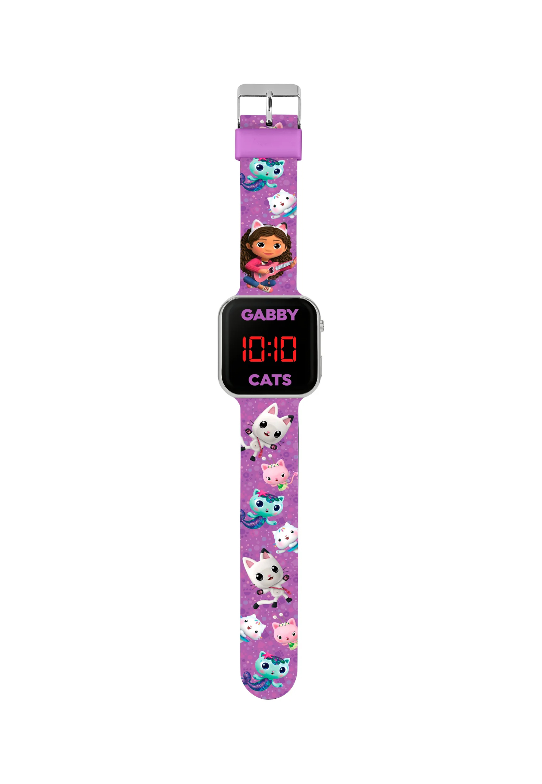 Montre Gabby's Cats violette. Affiche l'heure 10:10. Design chats et Gabby sur le bracelet.