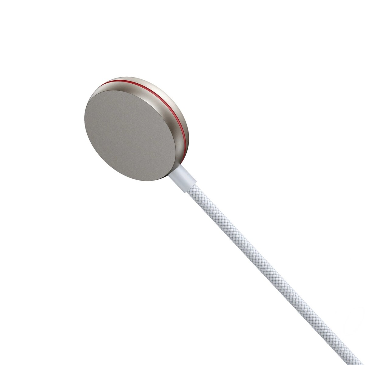 Silberner, kreisförmiger, kabelloser Ladegerät mit rotem Rand, an einem weißen Kabel befestigt.