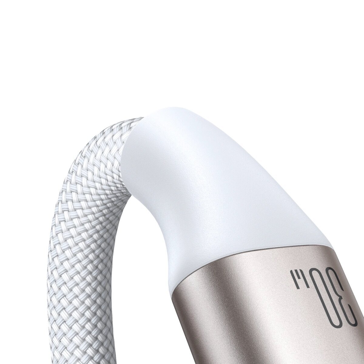 Ein weißes Kabel mit gewebter Textur und einem silbernen und weißen Ende.