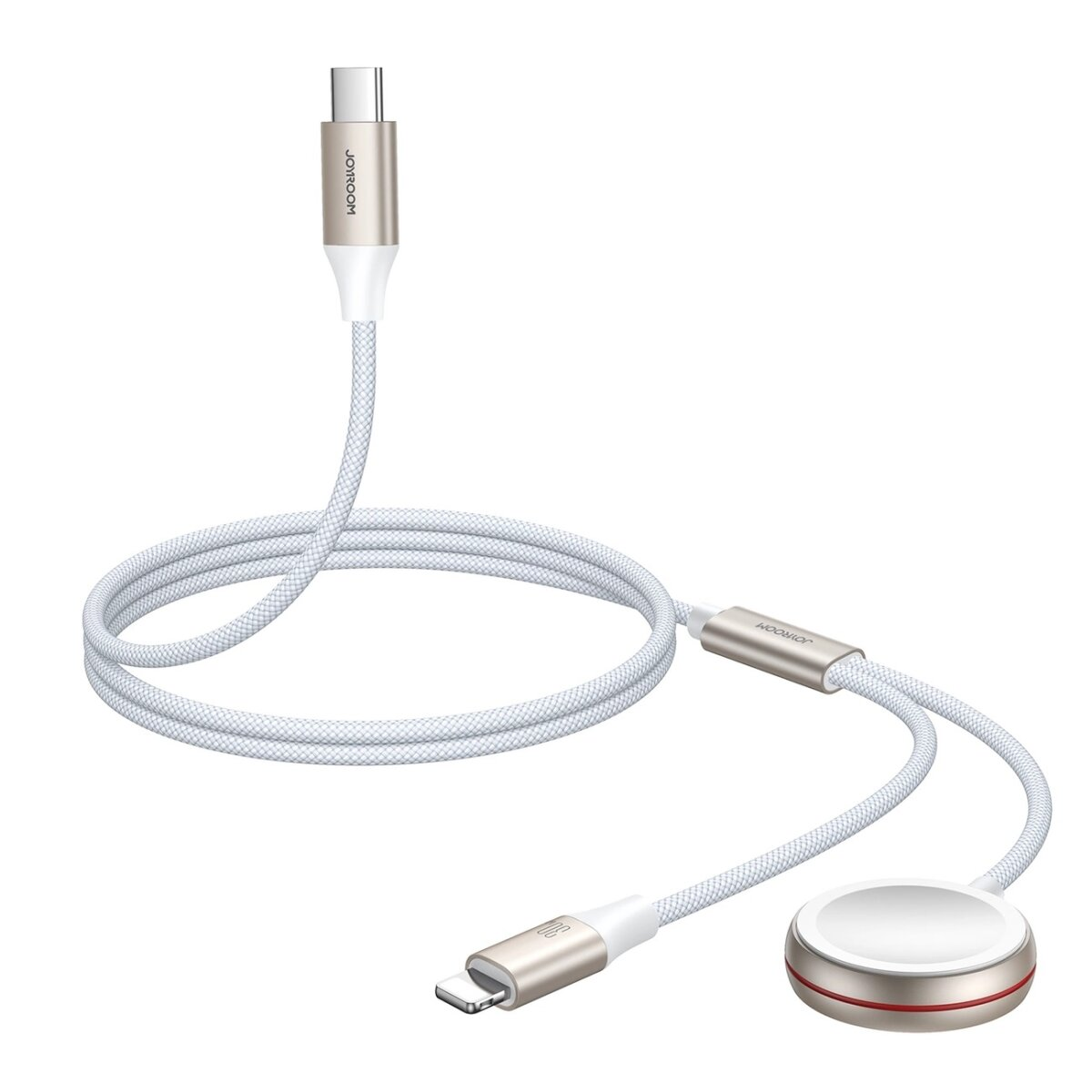 Weißes USB-Kabel mit einem USB-C- und einem Lightning-Anschluss. Weißes und goldenes Farbschema.