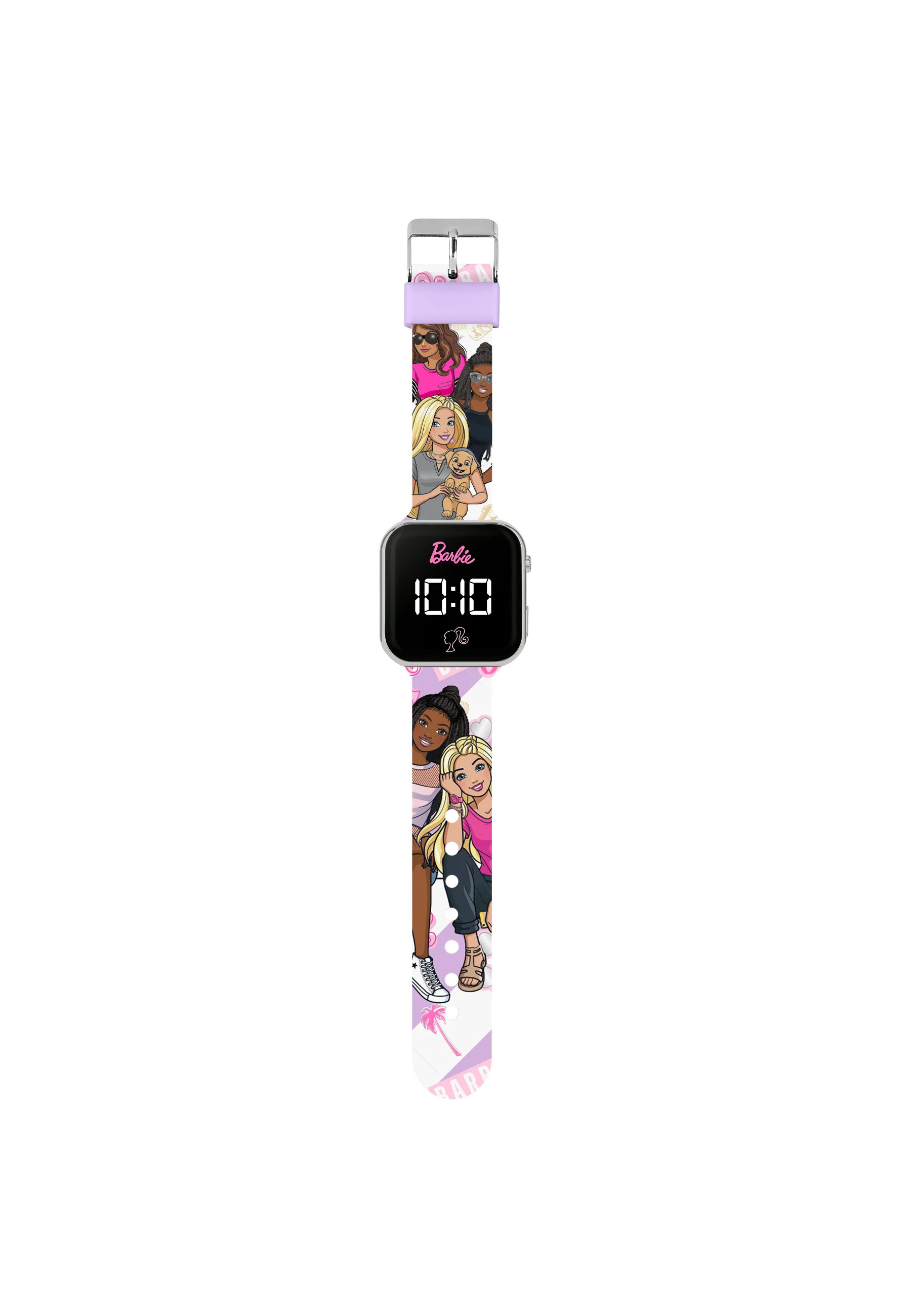 Un fond blanc montre une montre Barbie. La montre a des photos de Barbie et de ses amies sur le bracelet. L'heure est 10h10.