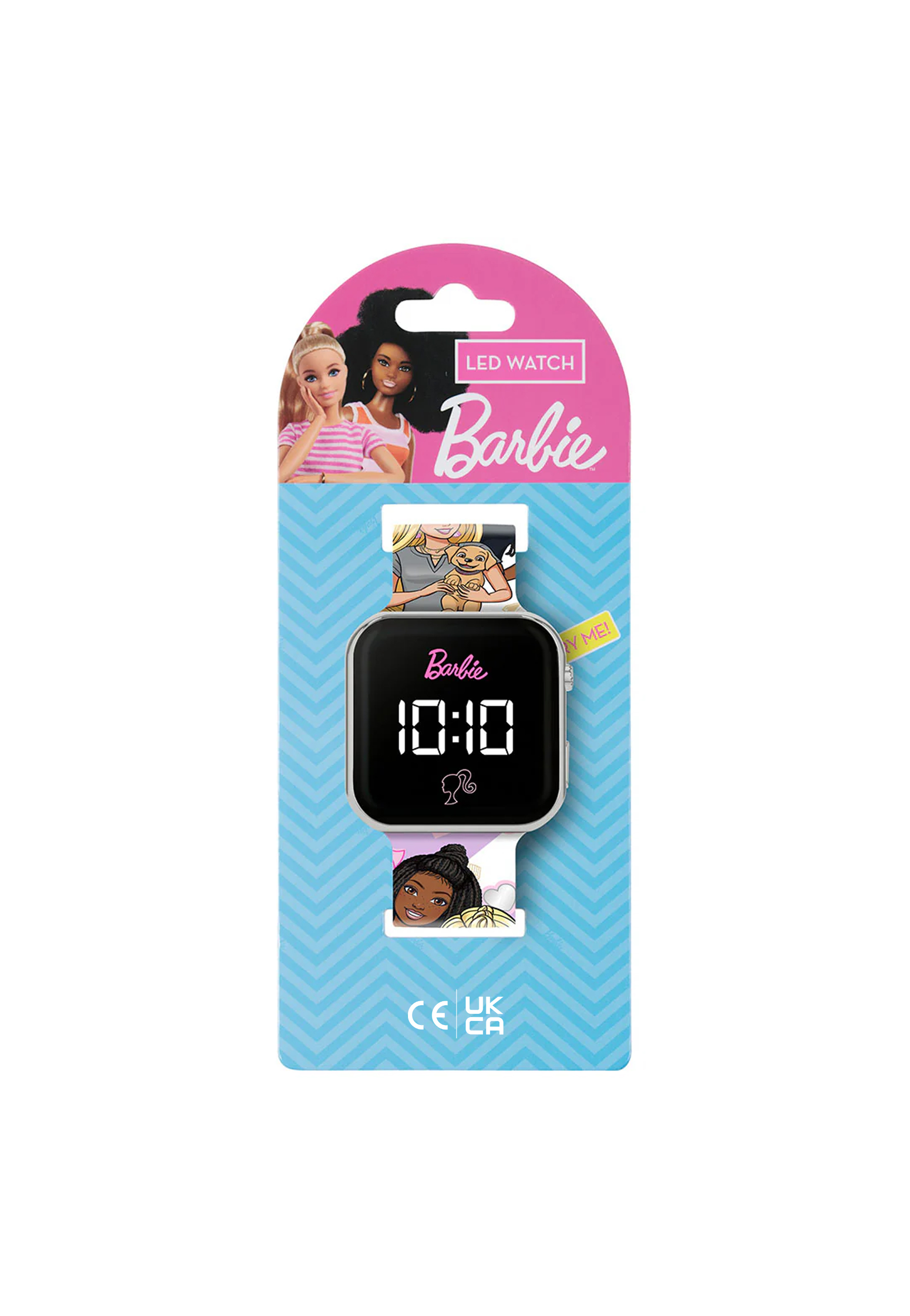Emballage de la montre LED Barbie. Une montre avec l'heure 10:10 est dans l'emballage. Images Barbie.