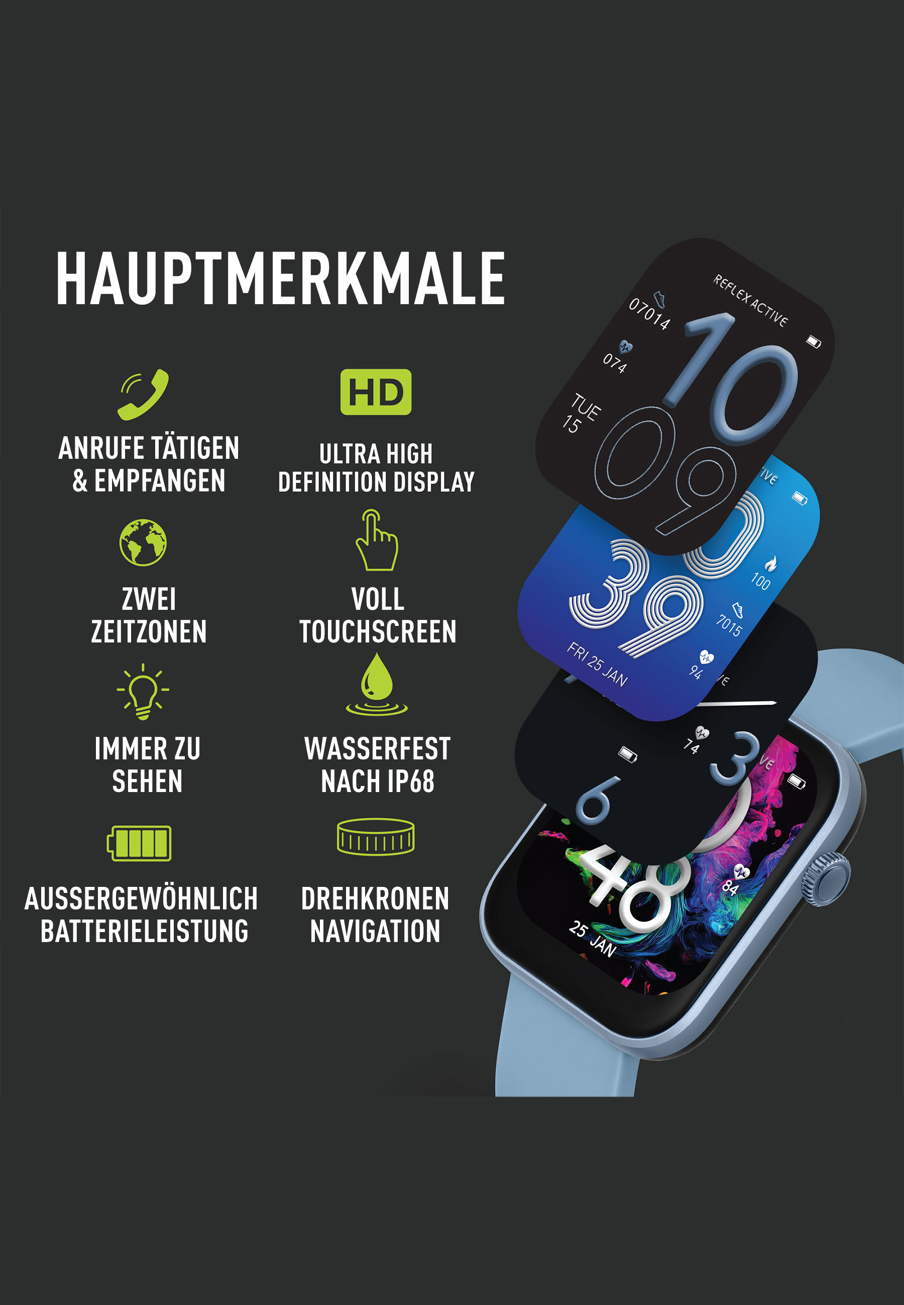Eine blaue Smartwatch mit Text, der die Uhrzeit und andere Informationen anzeigt. Symbole mit Funktionen sind vorhanden.
