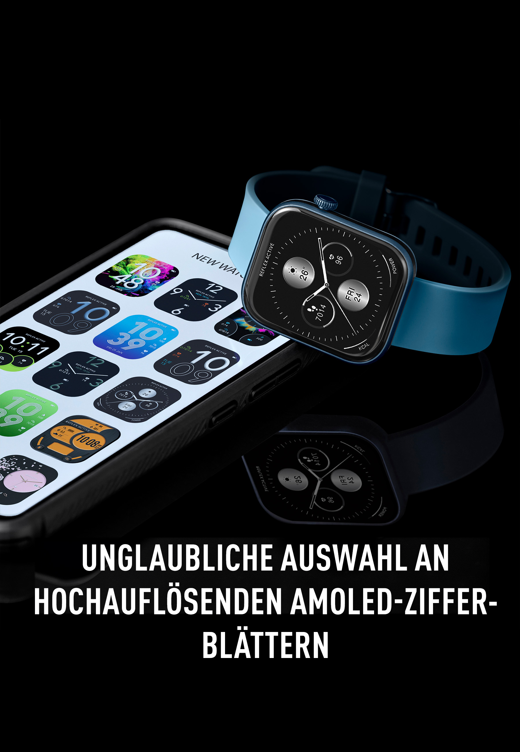 Smartphone mit mehreren App-Symbolen und eine Smartwatch. Schwarzer Hintergrund mit weißem Text.