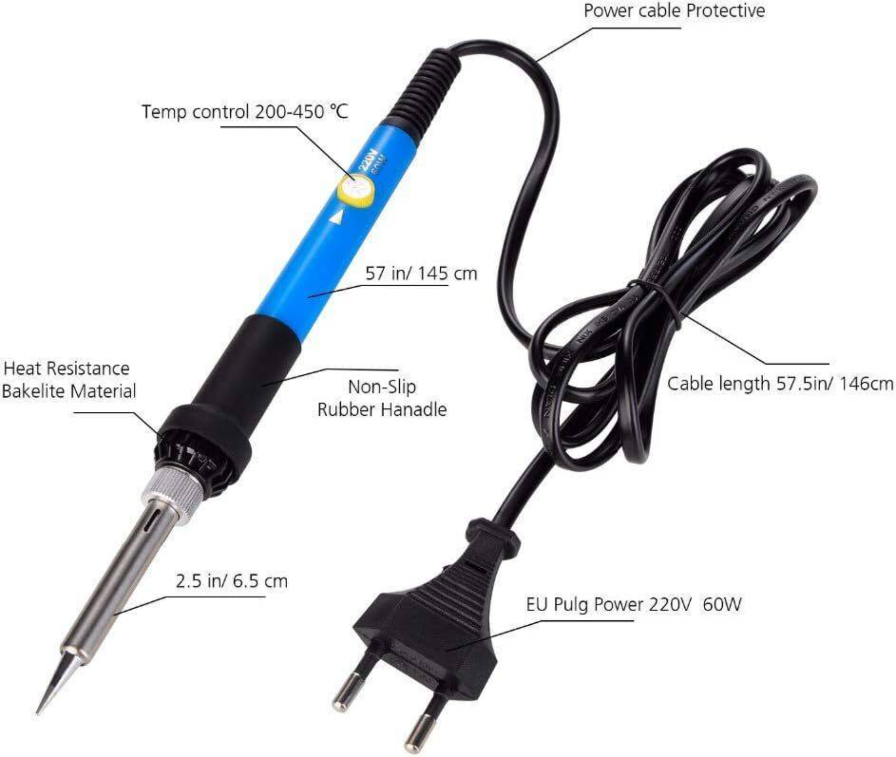 Lötkolben mit blauem Griff, Netzkabel und Anmerkungen zur Temperaturregelung und Hitzebeständigkeit.