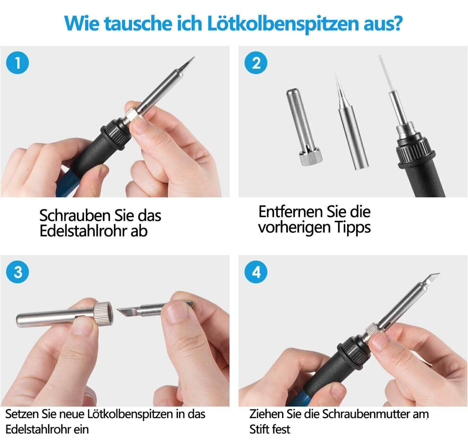 Schritte zum Wechseln von Lötkolbenspitzen.